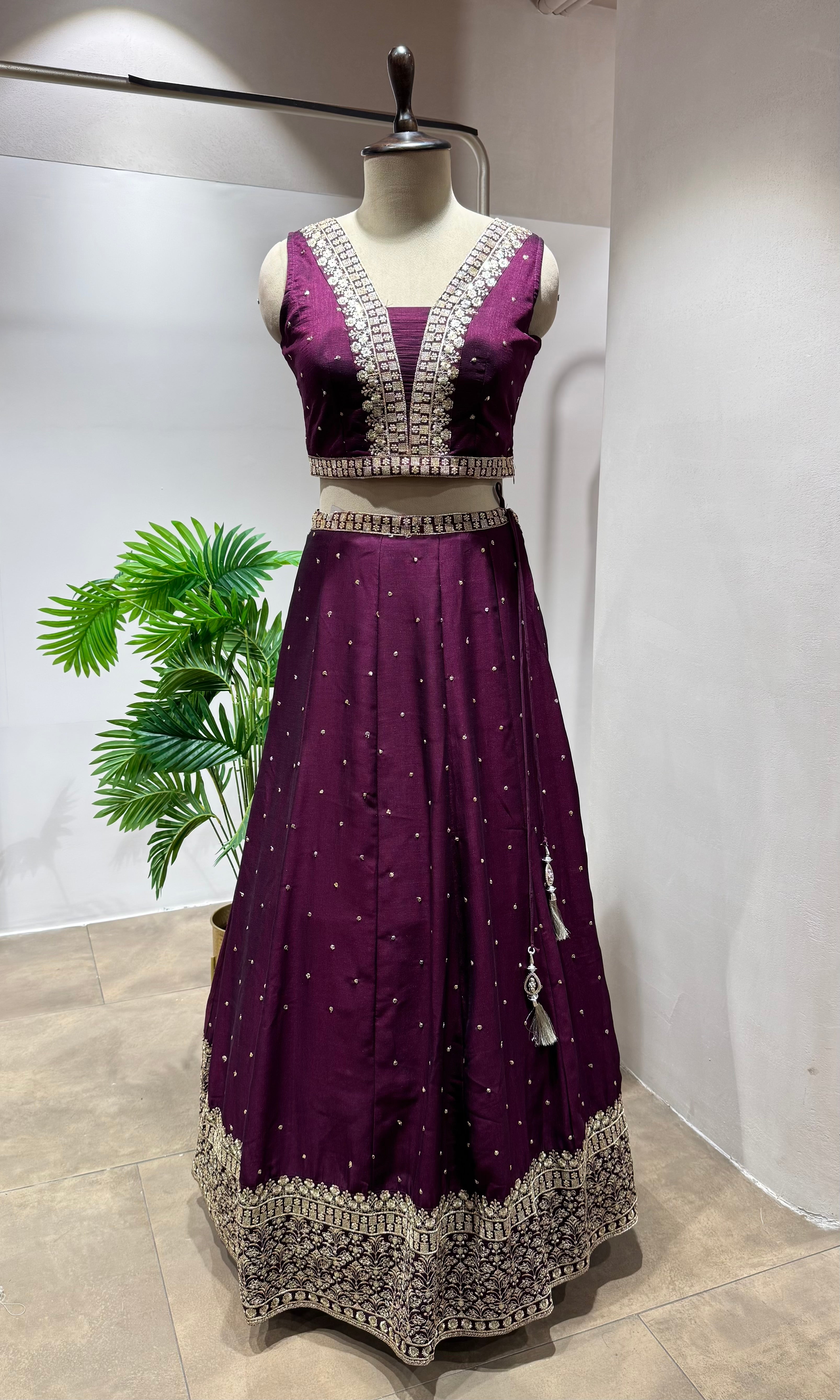 Wine Silk Lehenga with Intricate Zari Embroidery