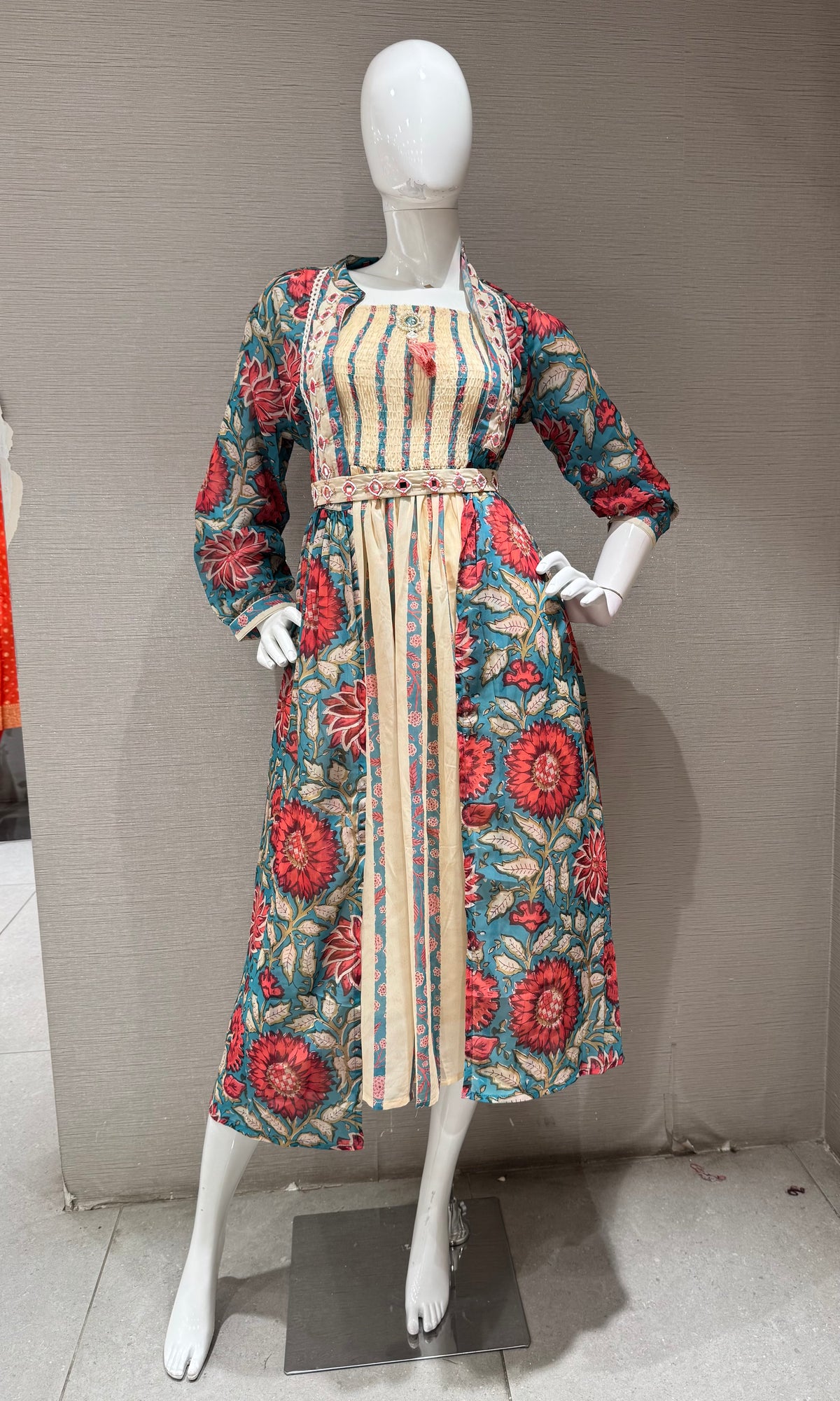 Teal Blue & Red Floral Dress with Striped Front Panel