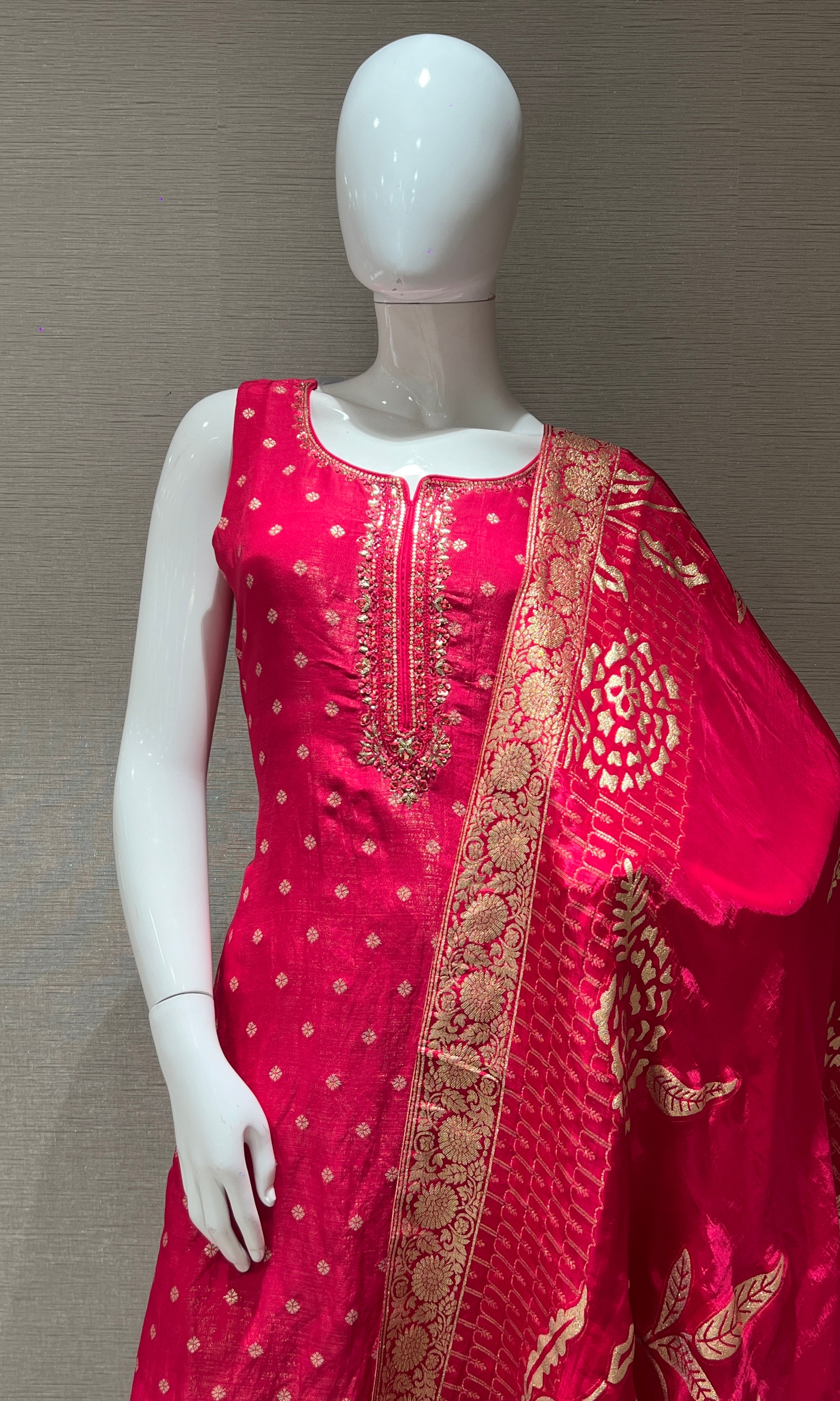 Rani Pink shimmer silk embroidered kurta set