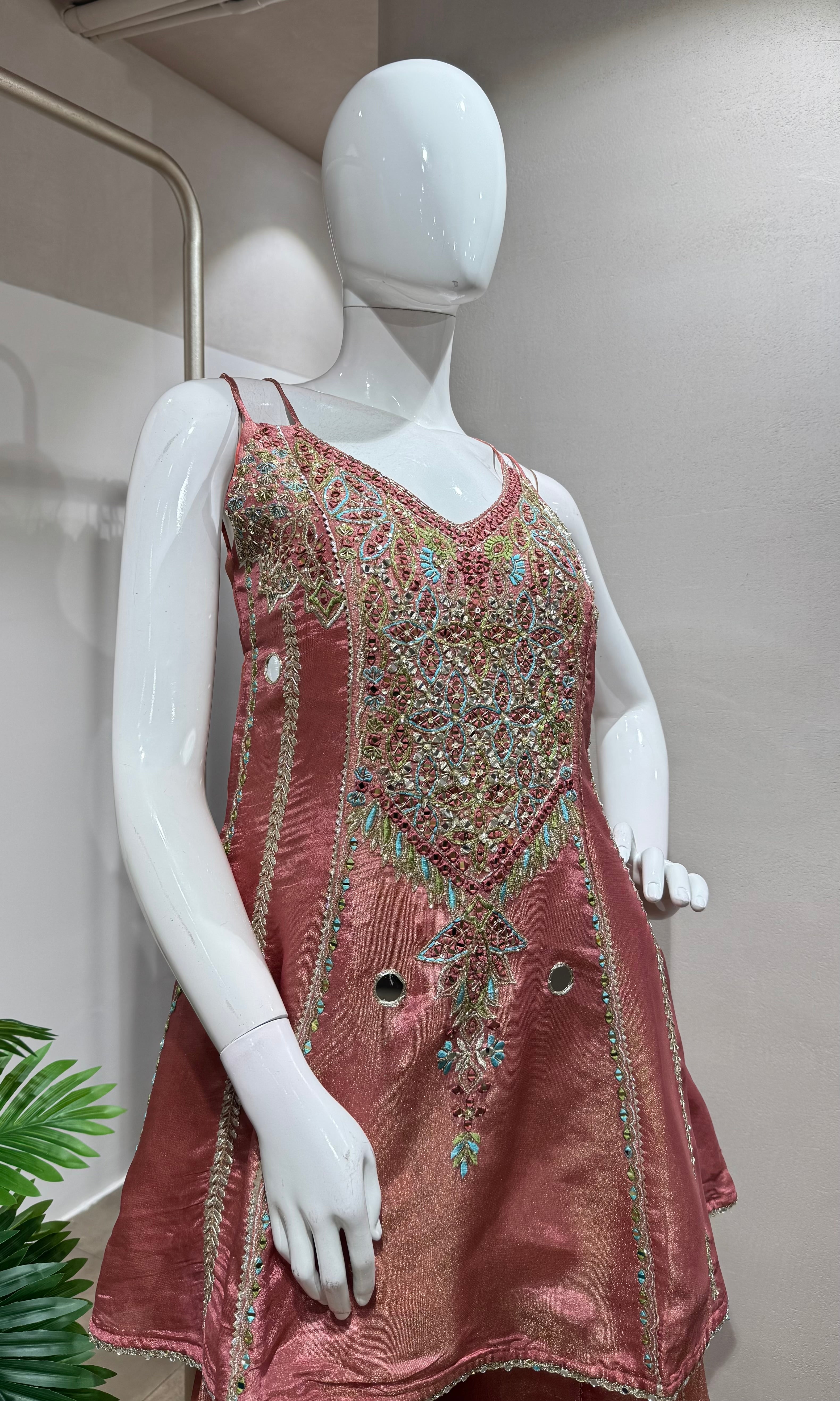 peach embroidered Tissue Sharara Set