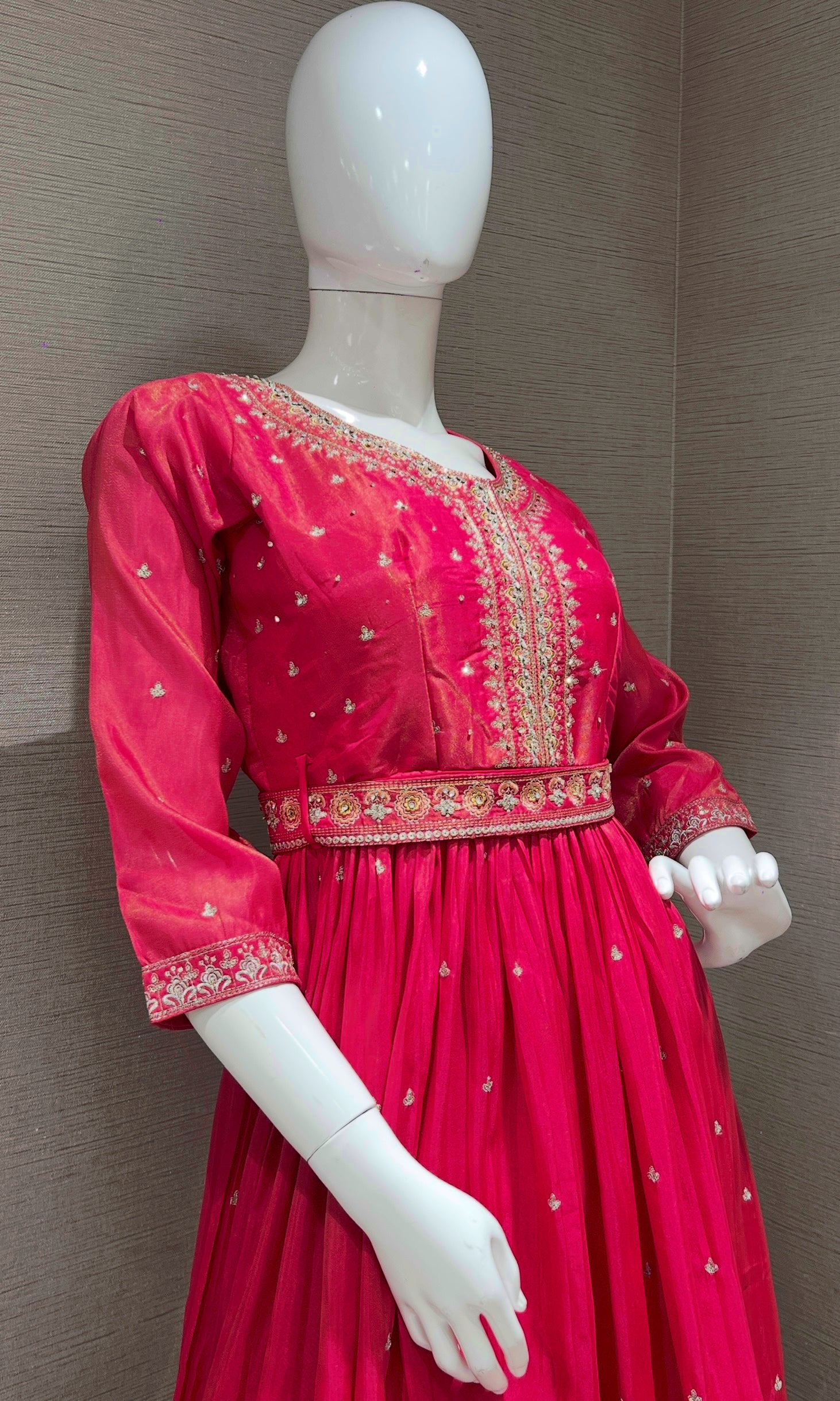 pink long anarkali with stones embroidered