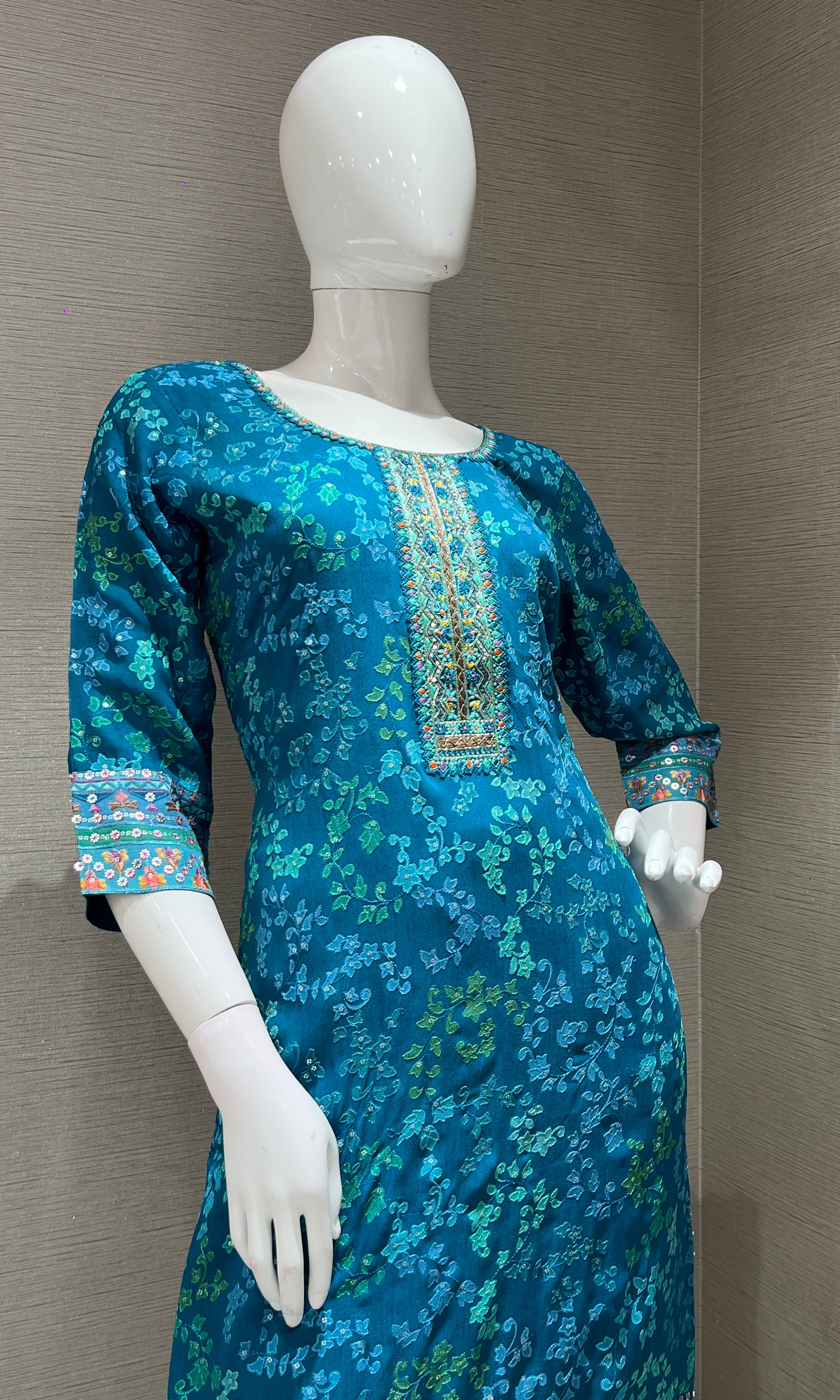 Sea green floral print kurta set