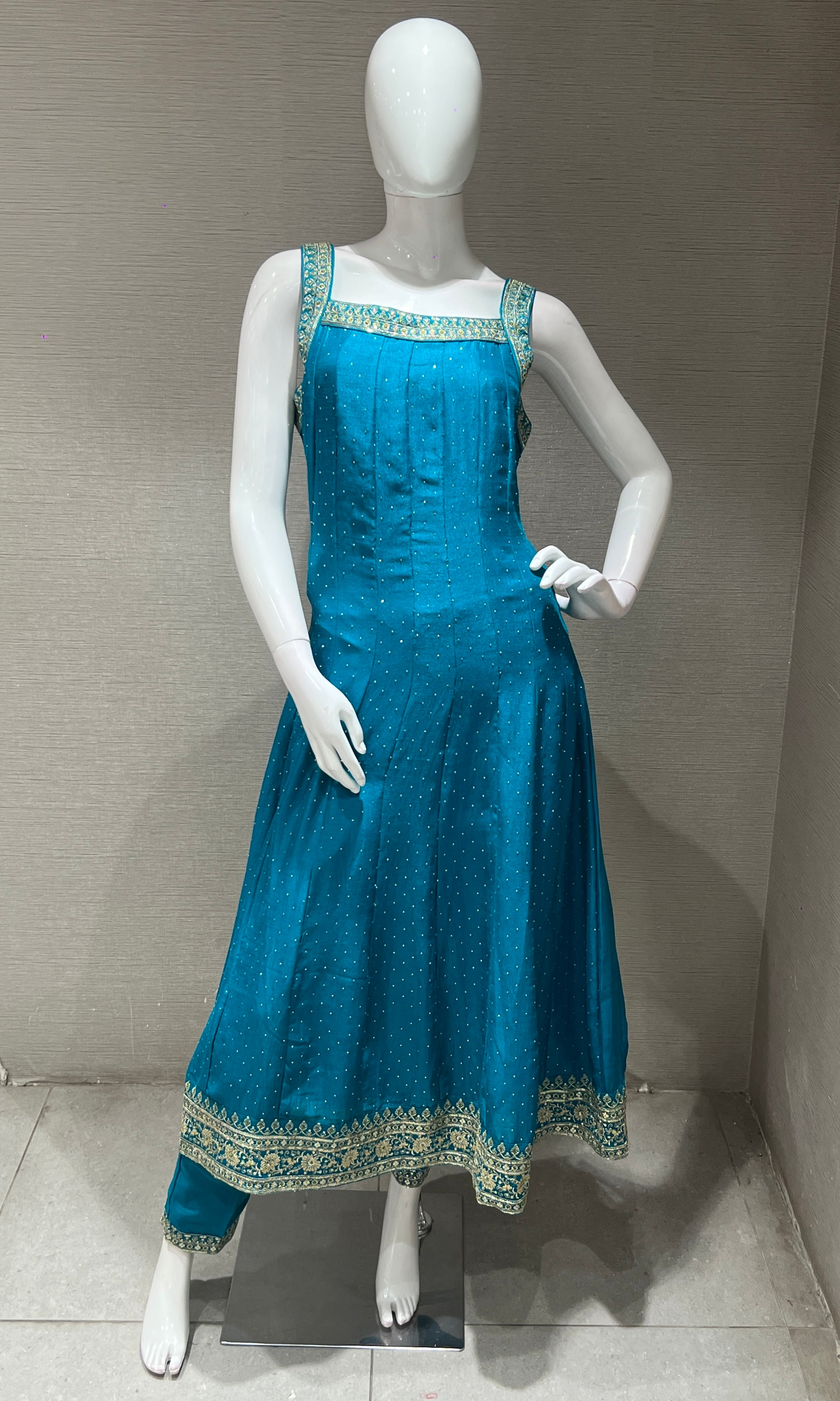 Rama blue kurta set with contrast dupatta