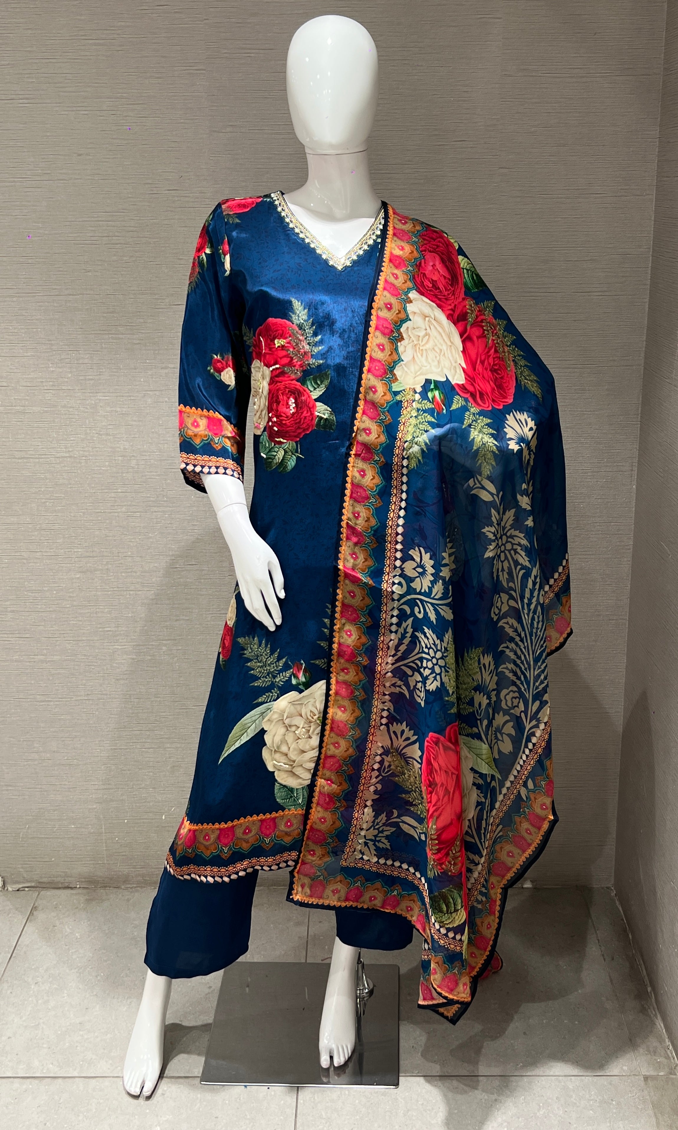Navy blue floral printed KURTA SET