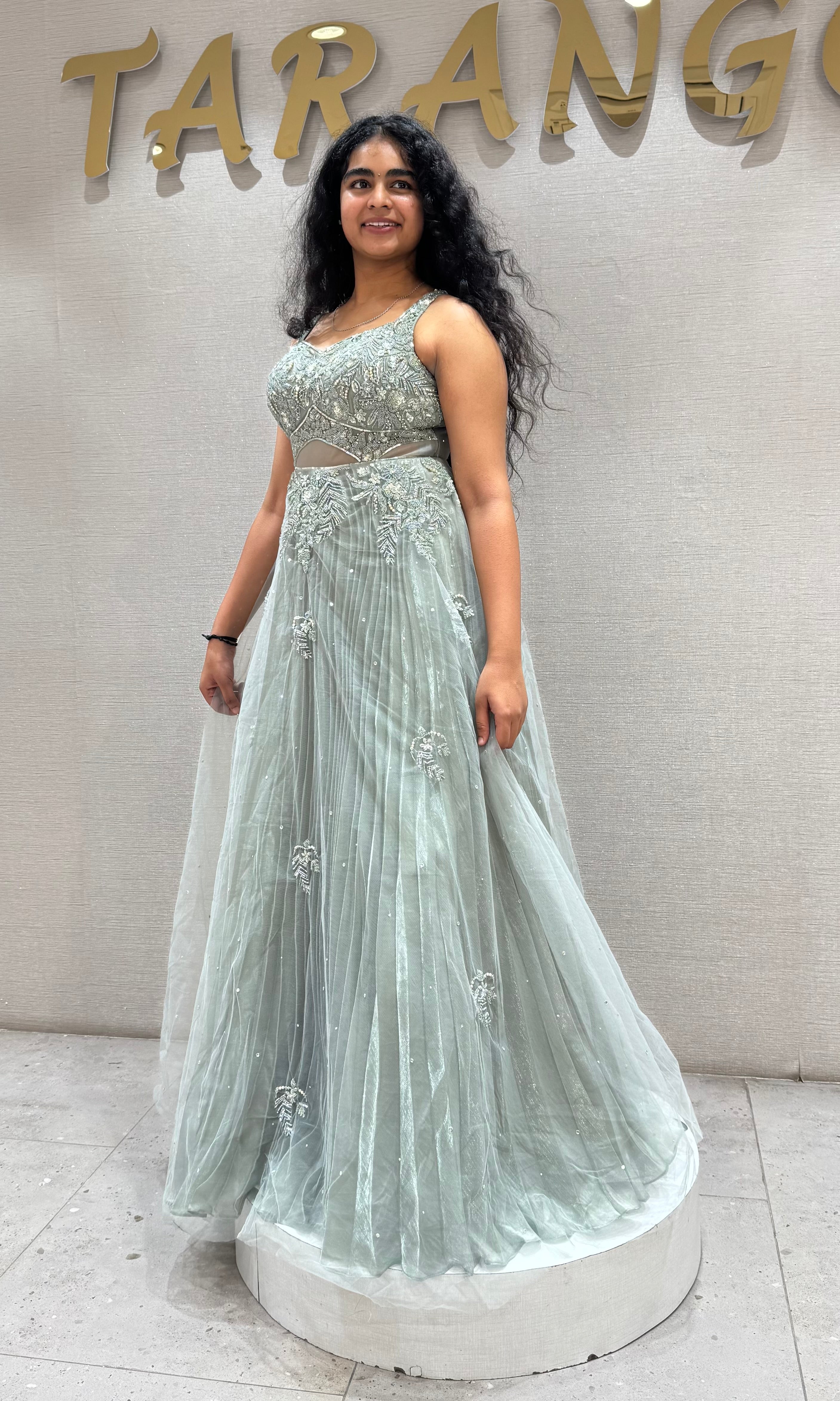 Pastel Green Sage Floral Applique Gown