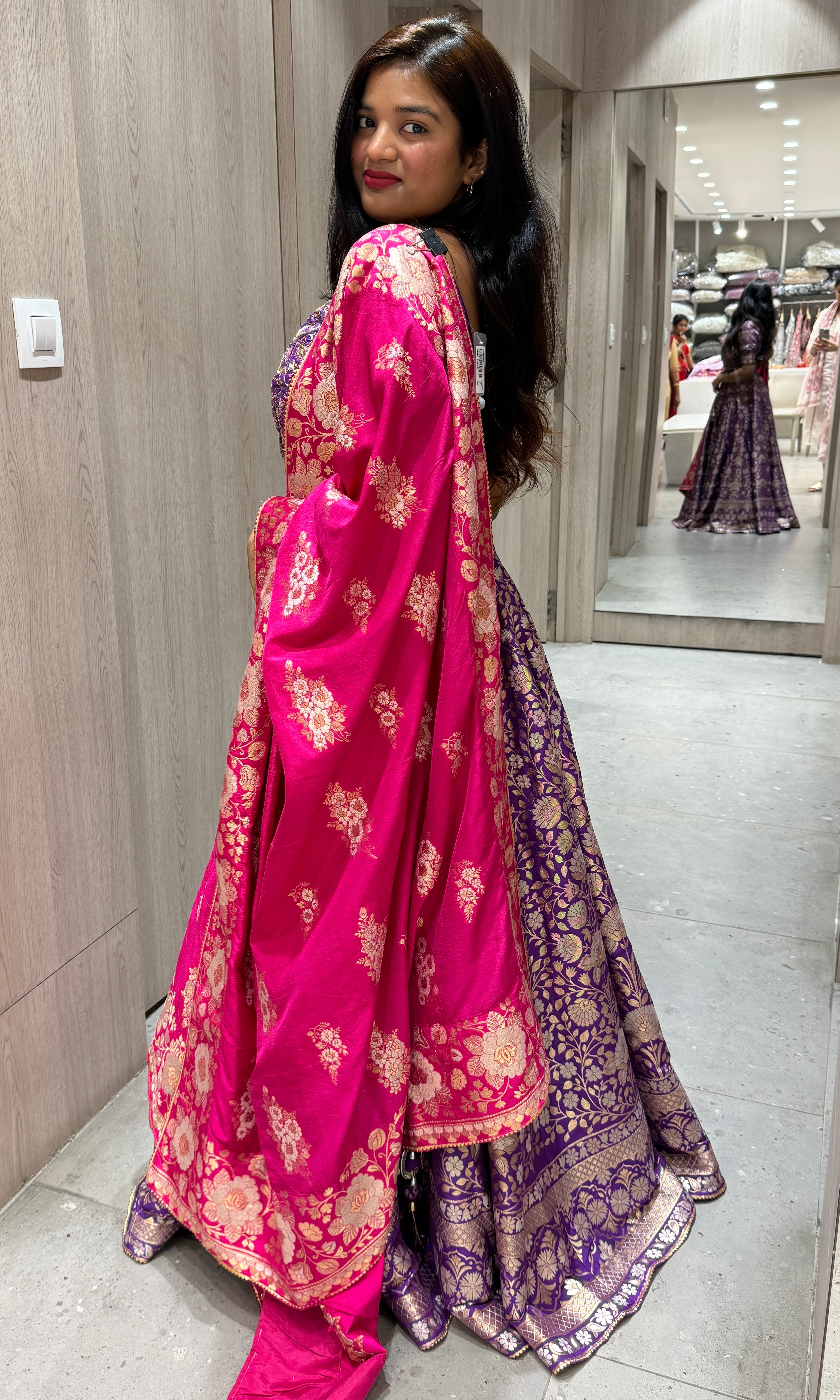 Purple Lehenga with pink Banarasi dupatta