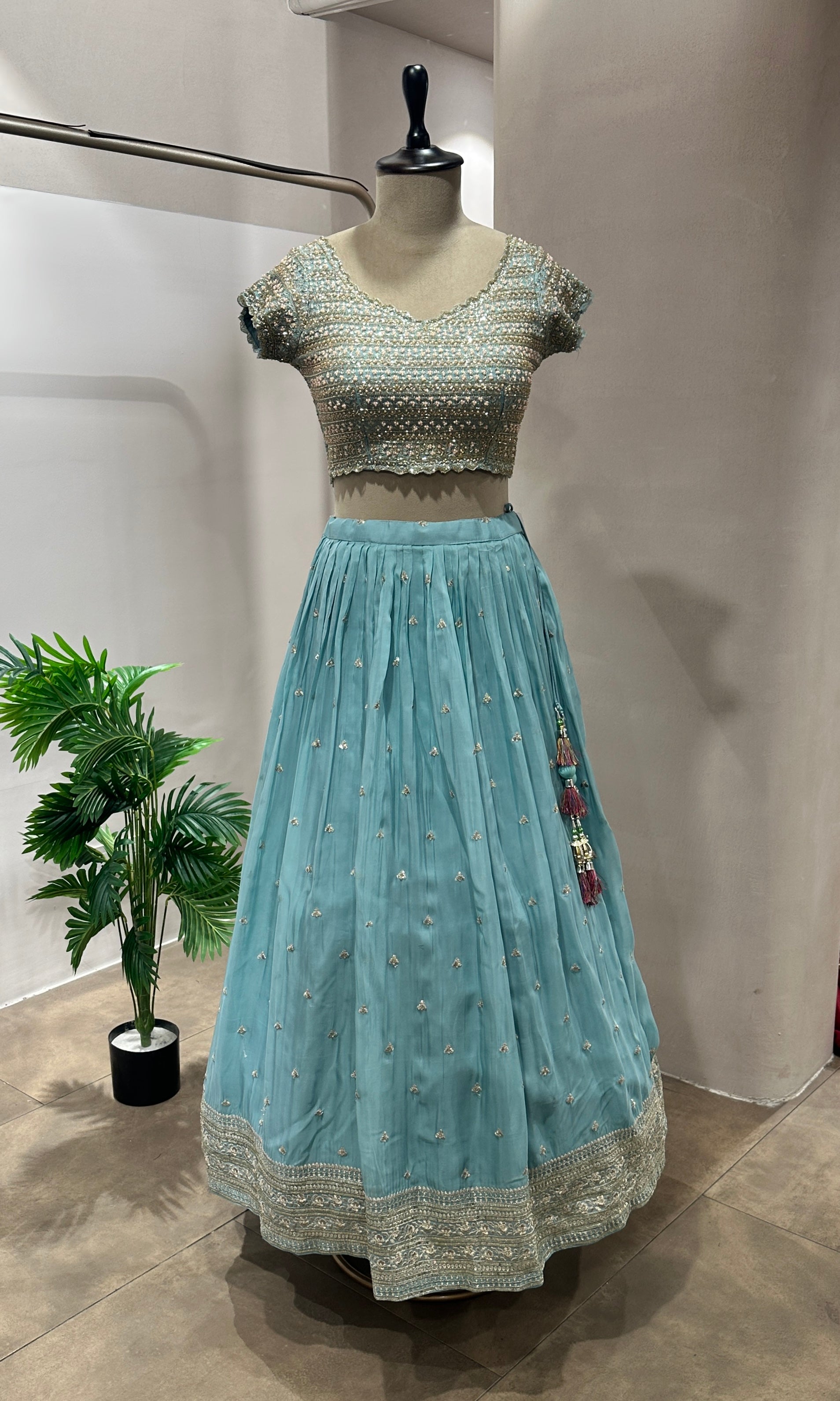 Sea blue EMBROIDERED LEHENGA WITH FLORAL DUPATTA