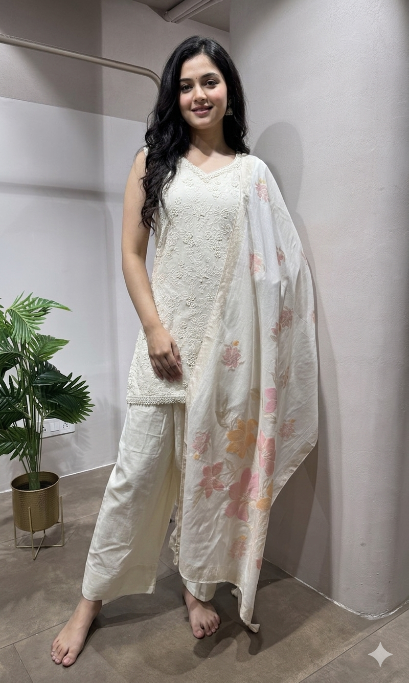 Cream embroidered kurti with floral dupatta
