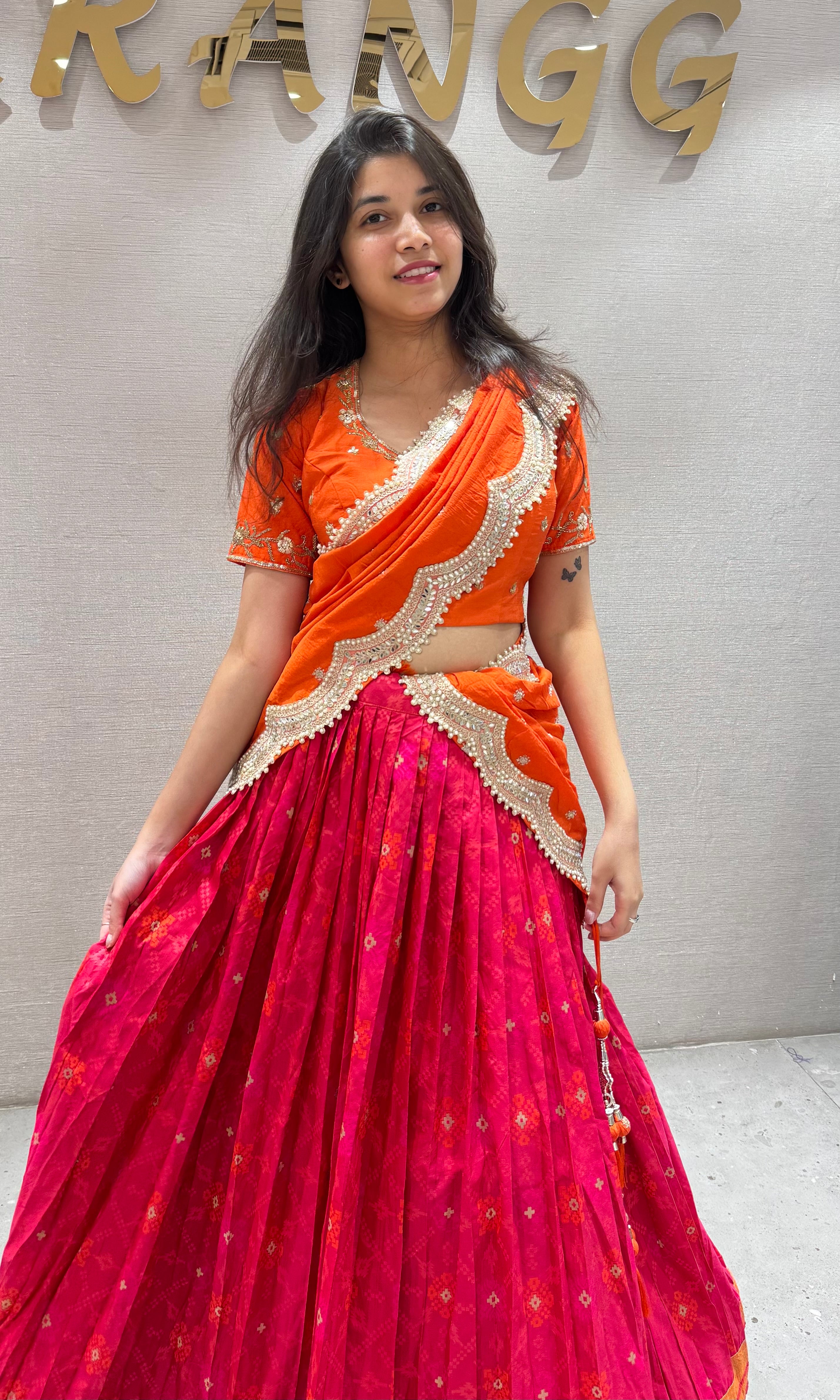 Orange golden lase embroidery lehenga