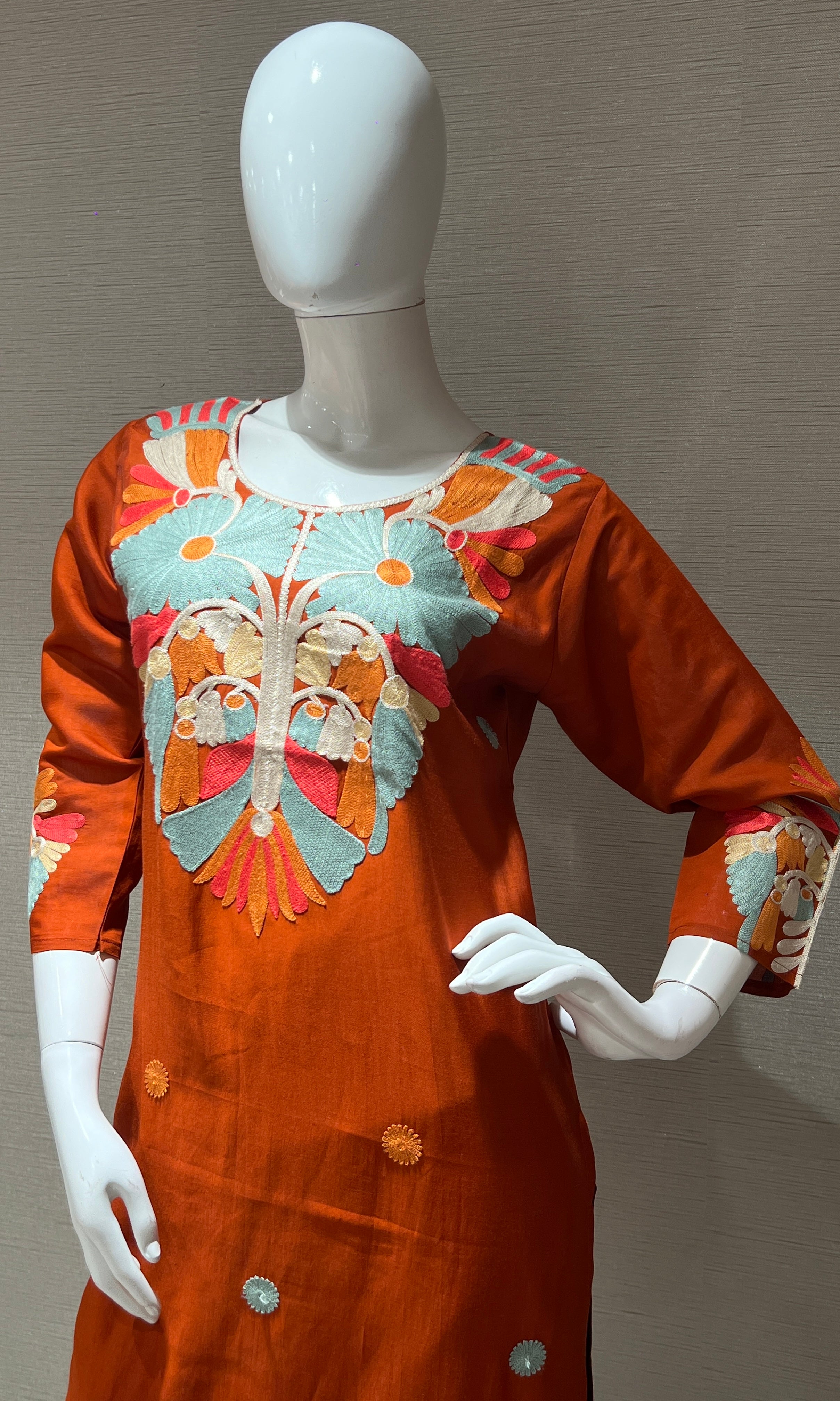 Rust orange embroidered kurta set