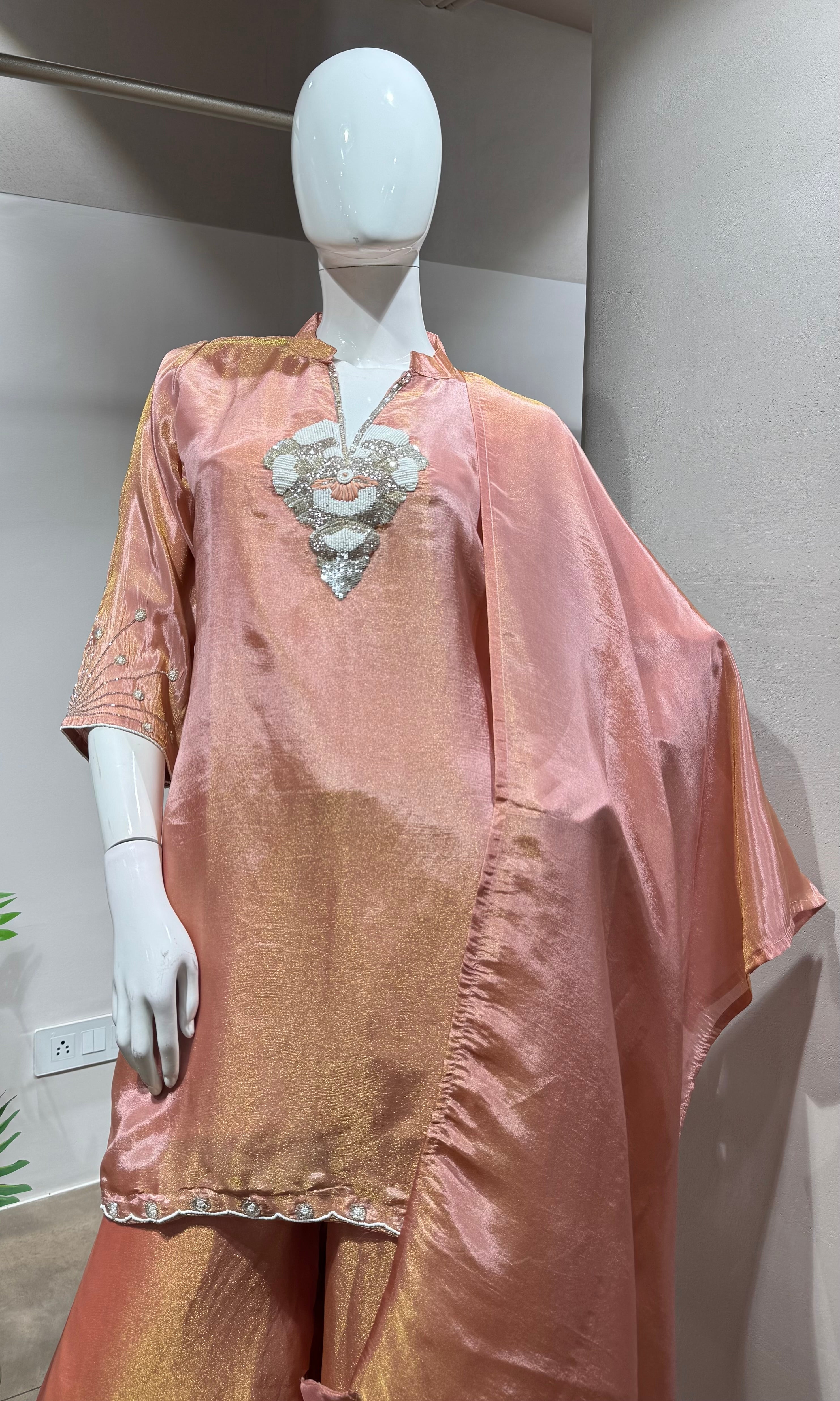 PEACH EMBROIDERED KURTA WITH PALAZZO PANTS