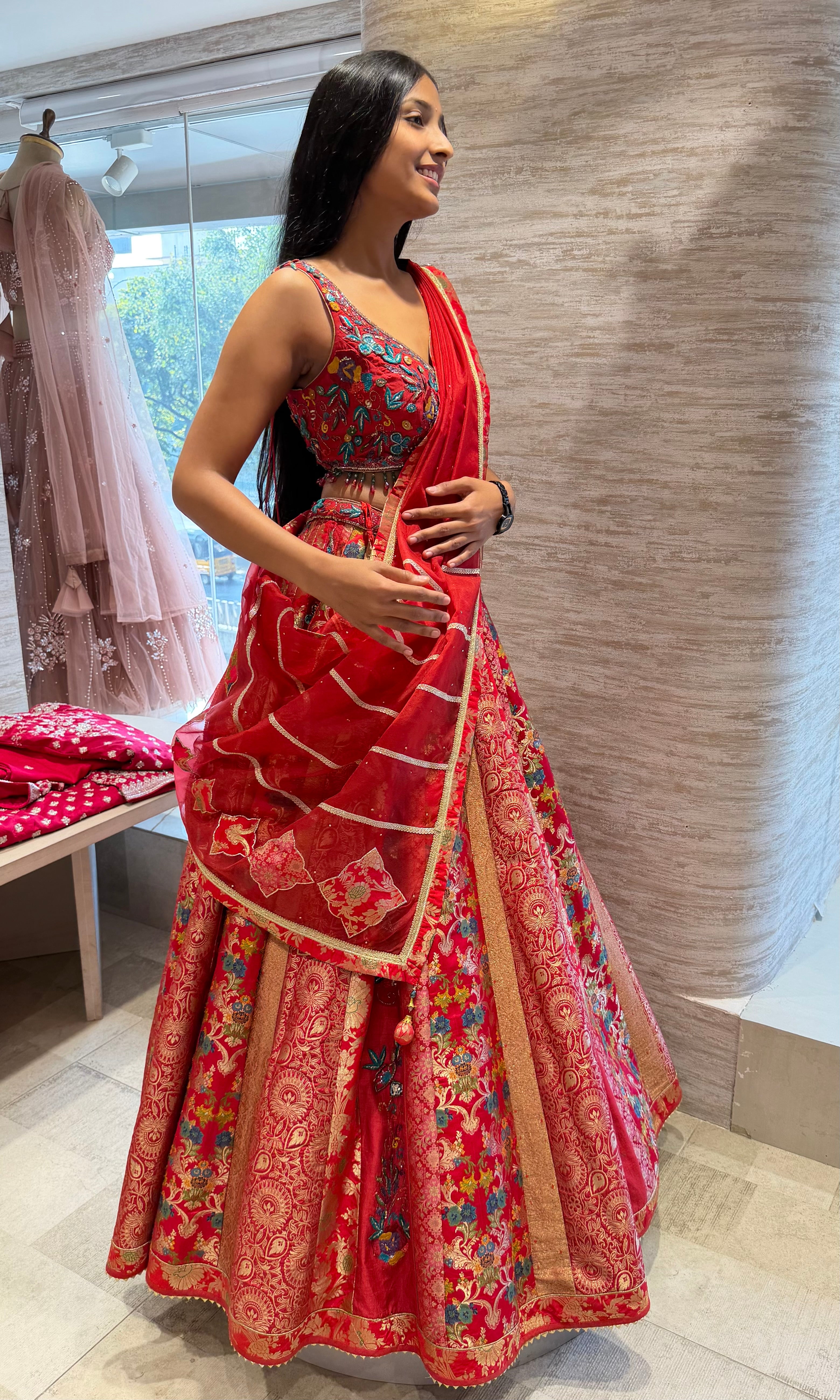Red Floral Embroidered Lehenga Set