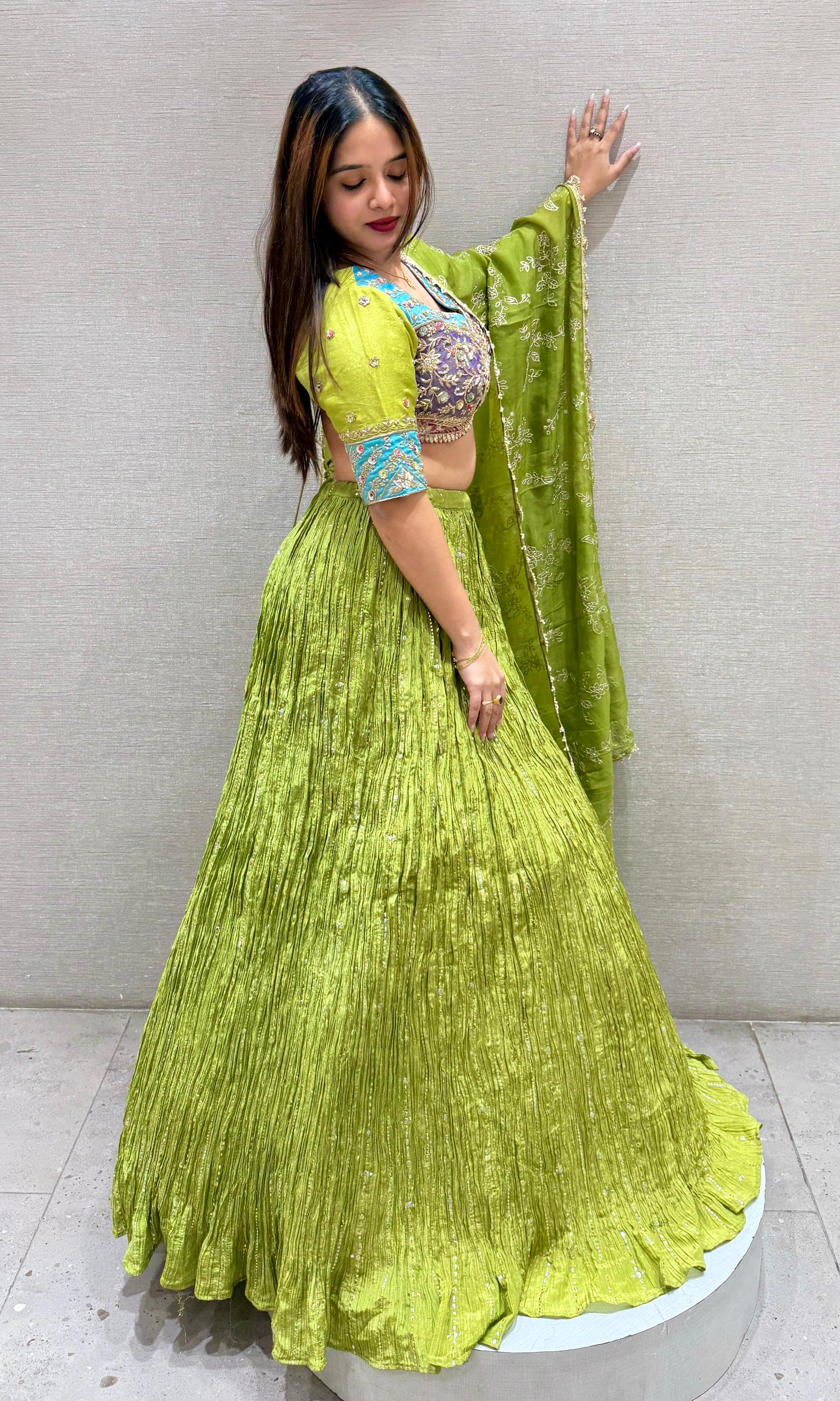 Parrot Green Intricate Embroidered Lehenga