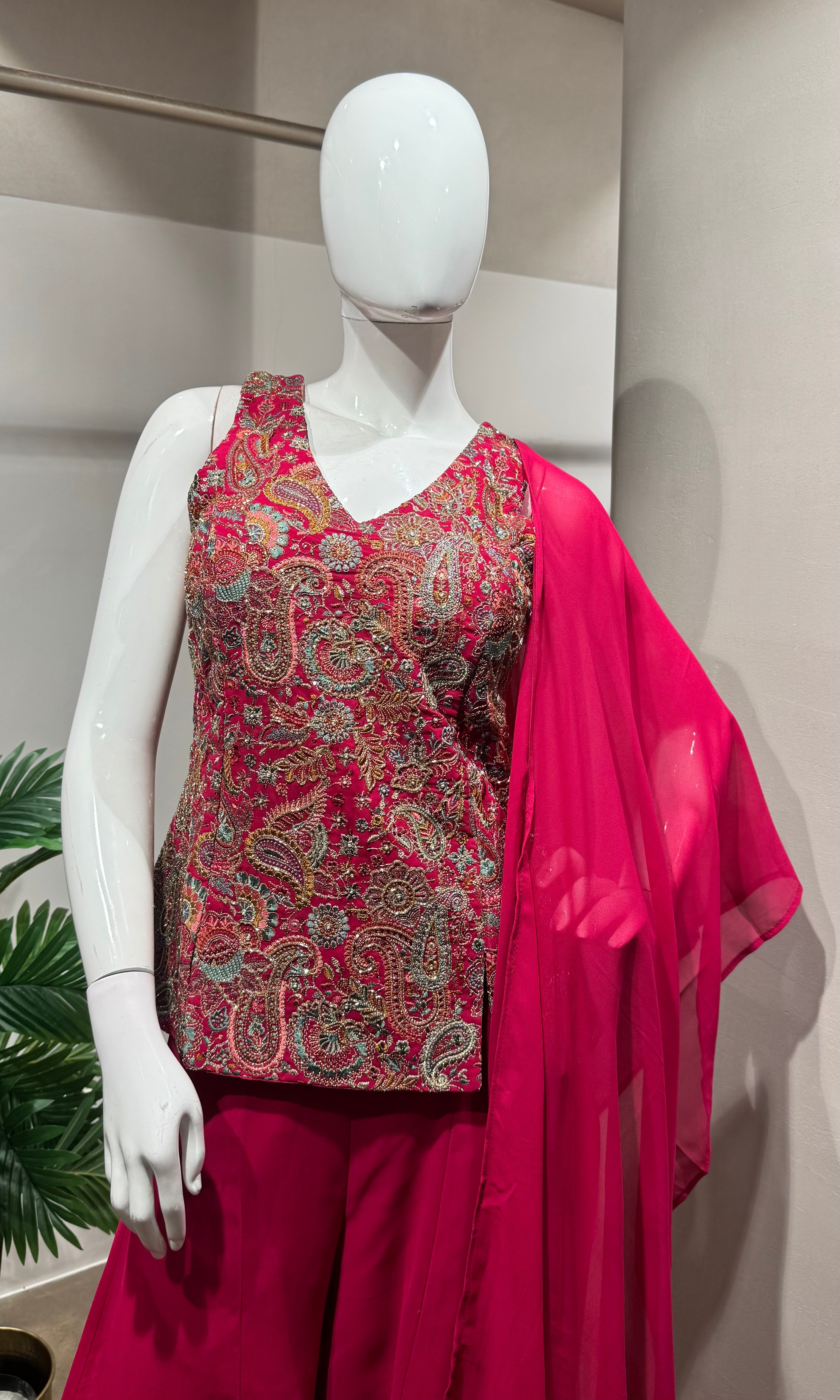 Rani Pink Embroidered Palazzo Set Dupatta