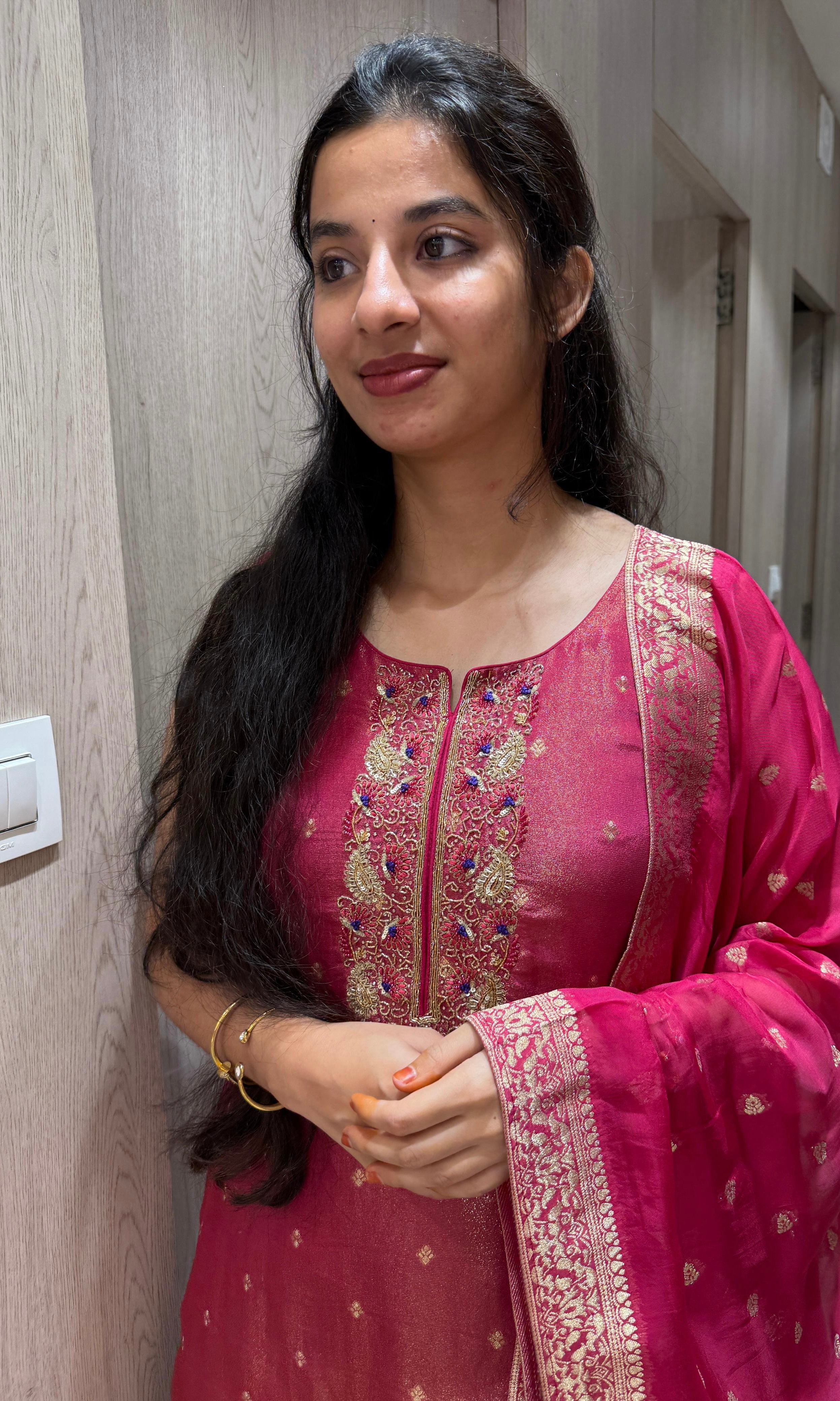 Magenta Pink Kurta Set with Gold Embroidery