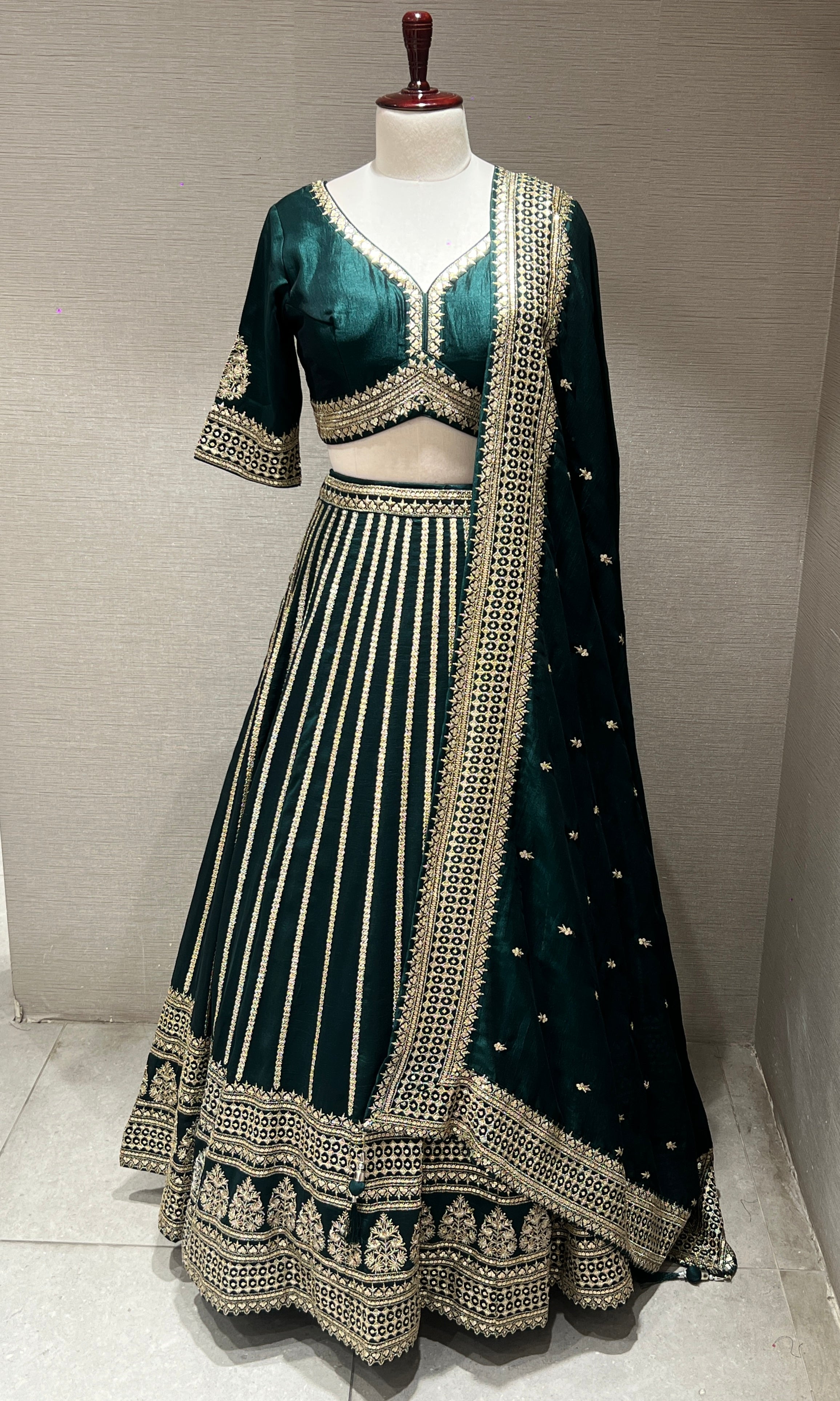 Designer Bottle Green Embroidered Lehenga Set with Zari Detailing