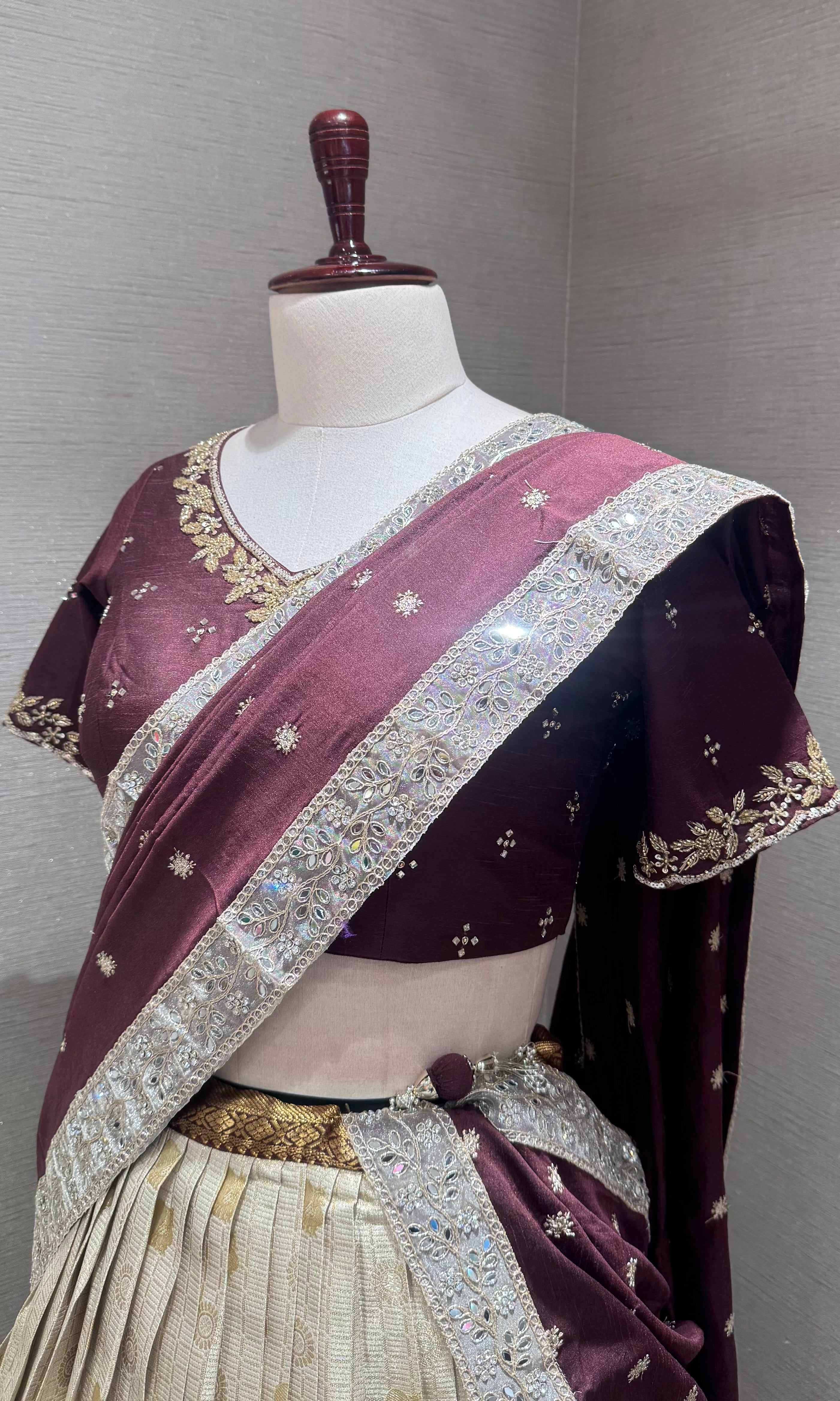Brown and gold banarasi pattu lehenga with embroidered blouse
