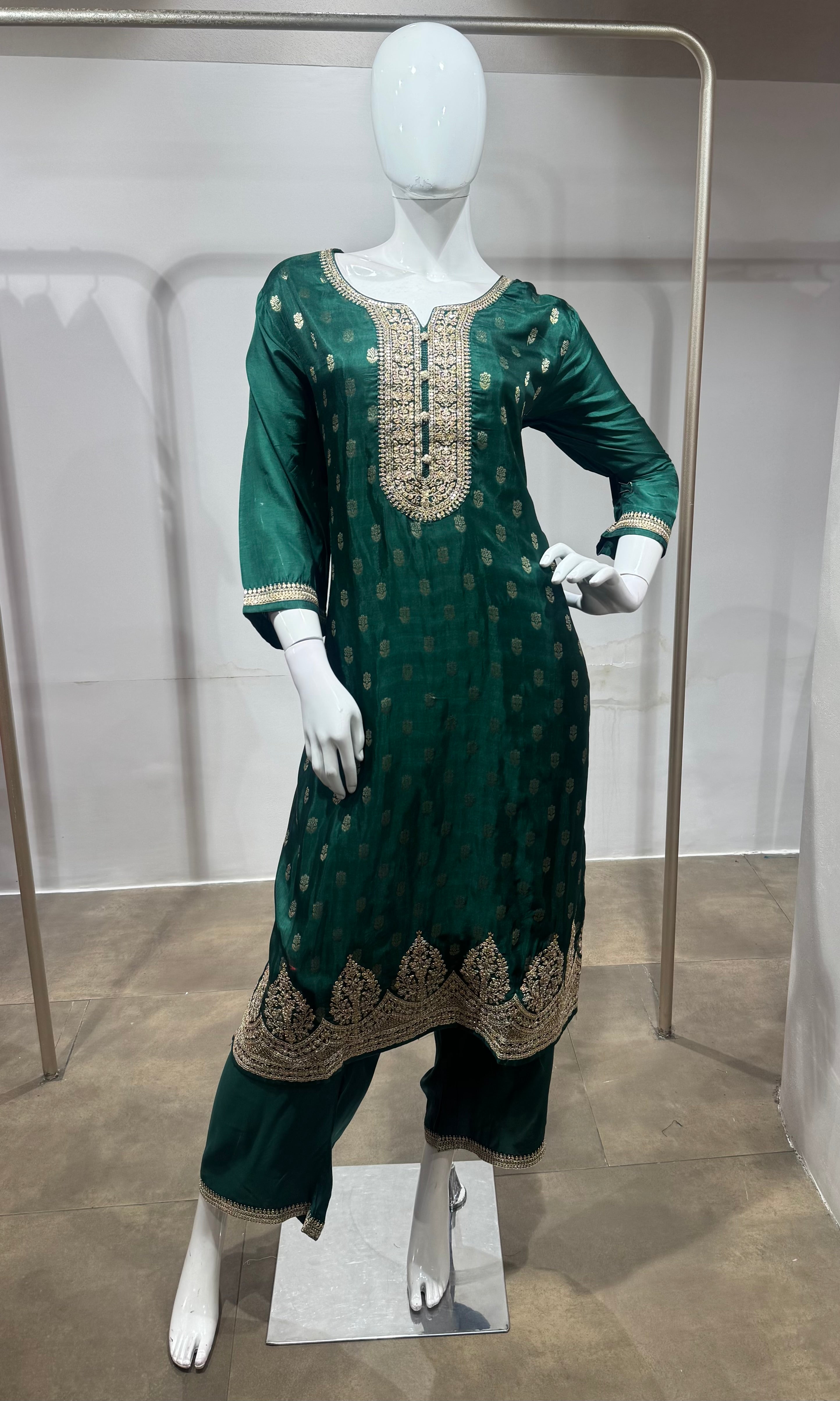 Green gold embroidered kurta set