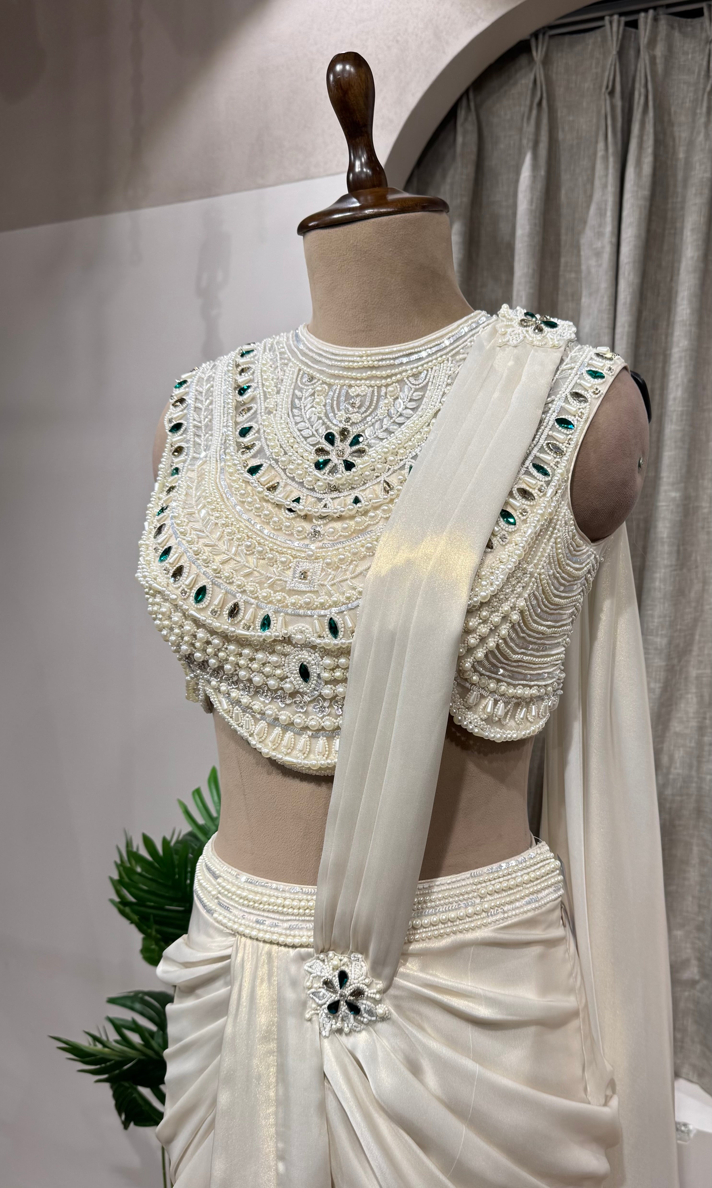 White Mirror and Pearl Embroidered Satin Draped SKIRT