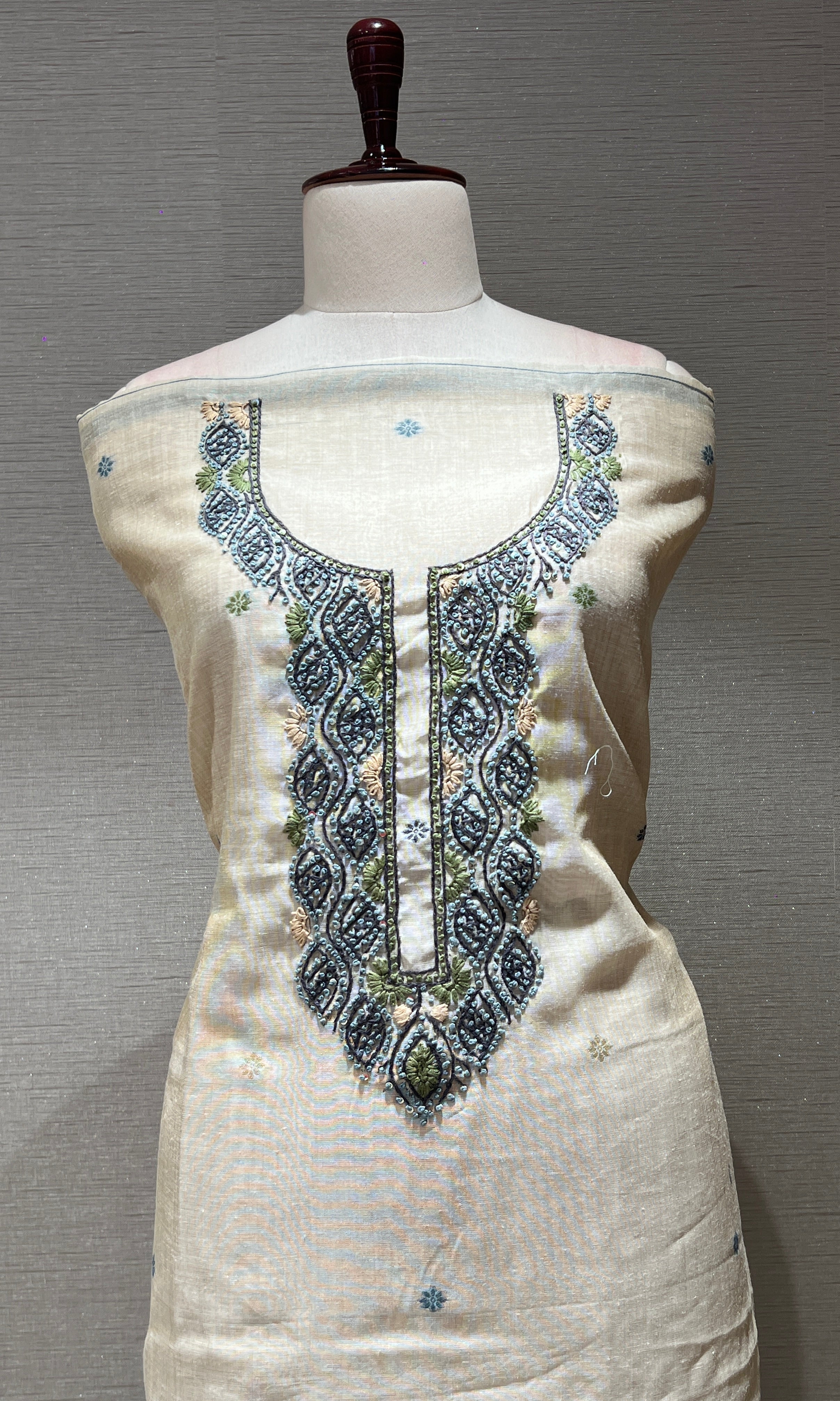 CREAM Blue EMBROIDERED dress material