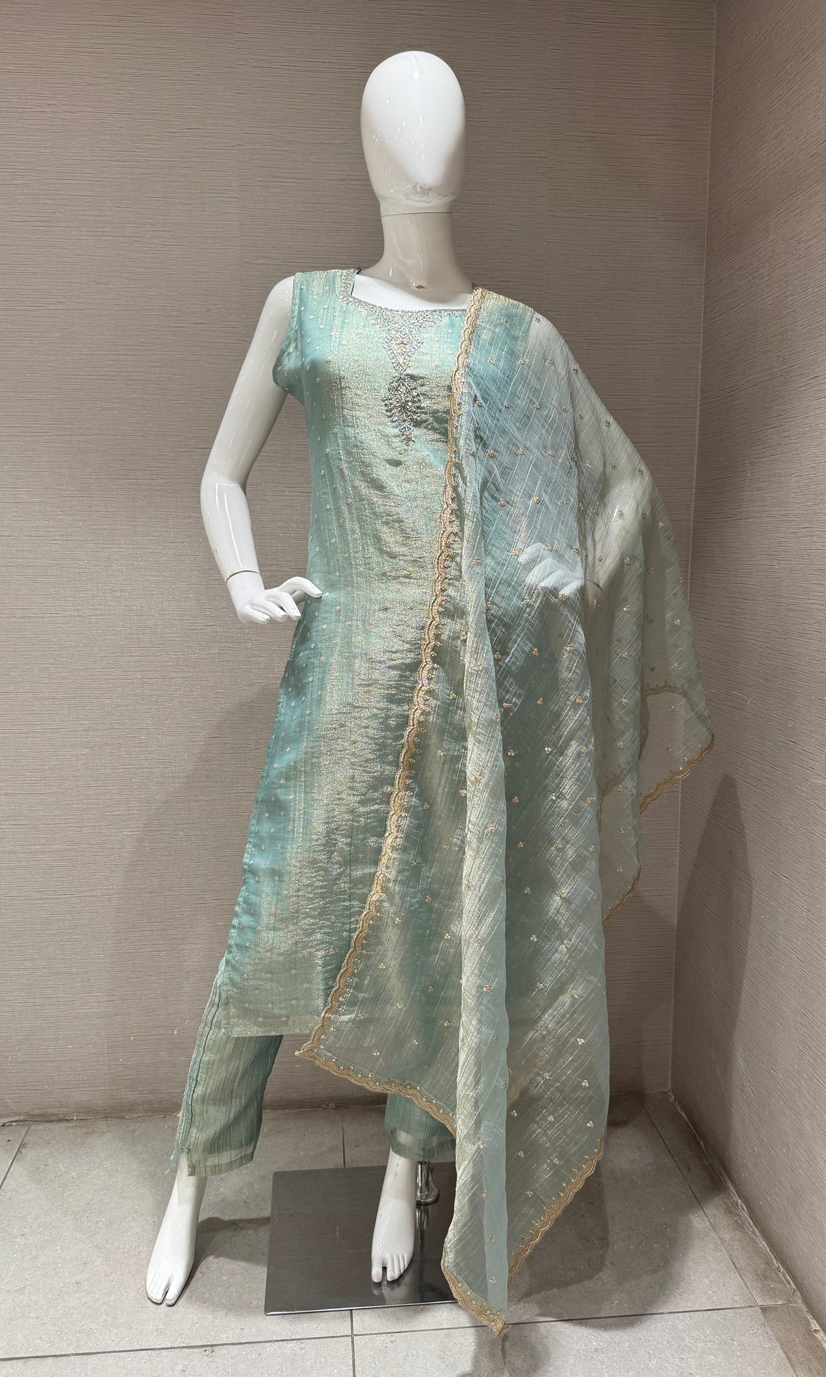 Blue Tissue Silk Golden zari Kurta Set with Dupatta