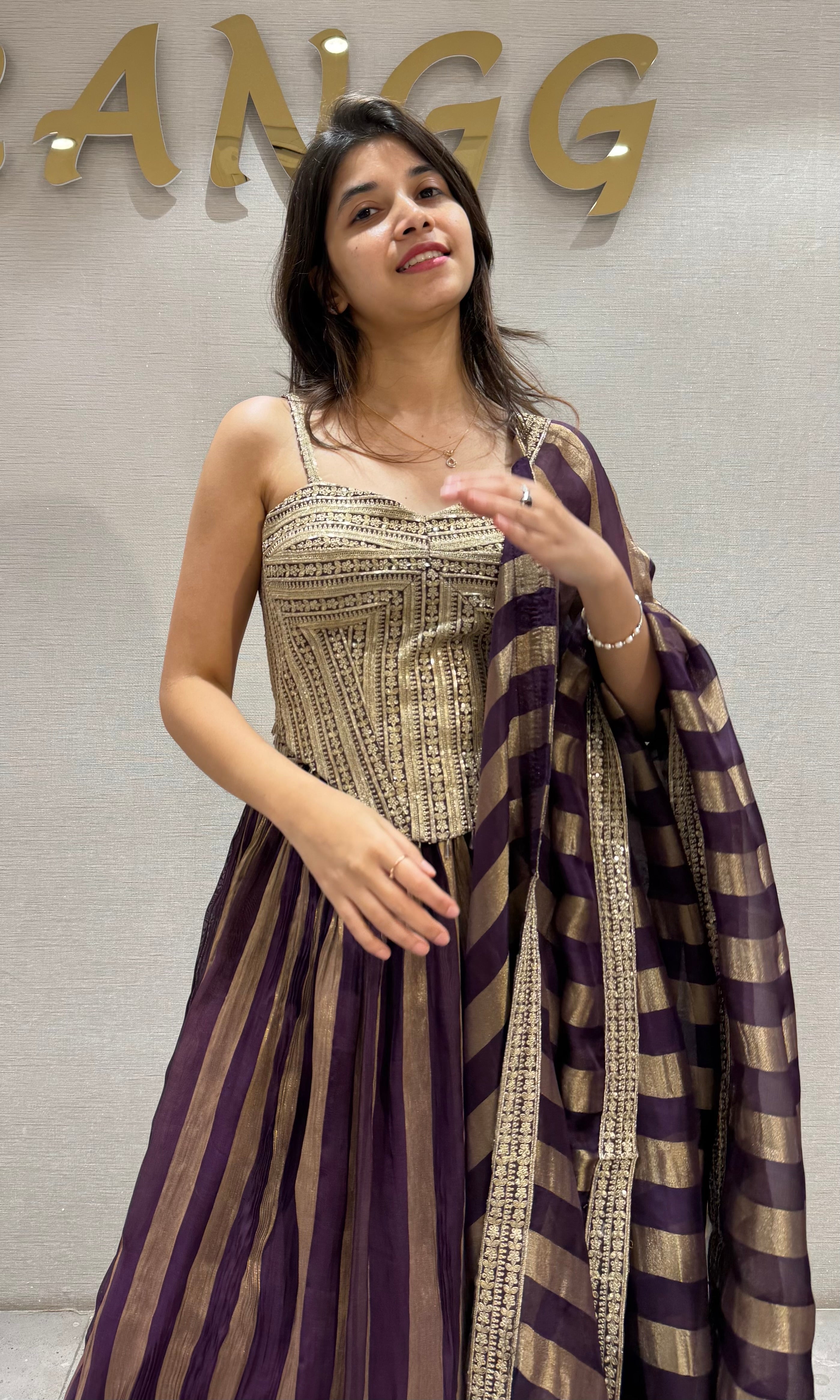 Wine & Gold Striped Corset Lehenga Set