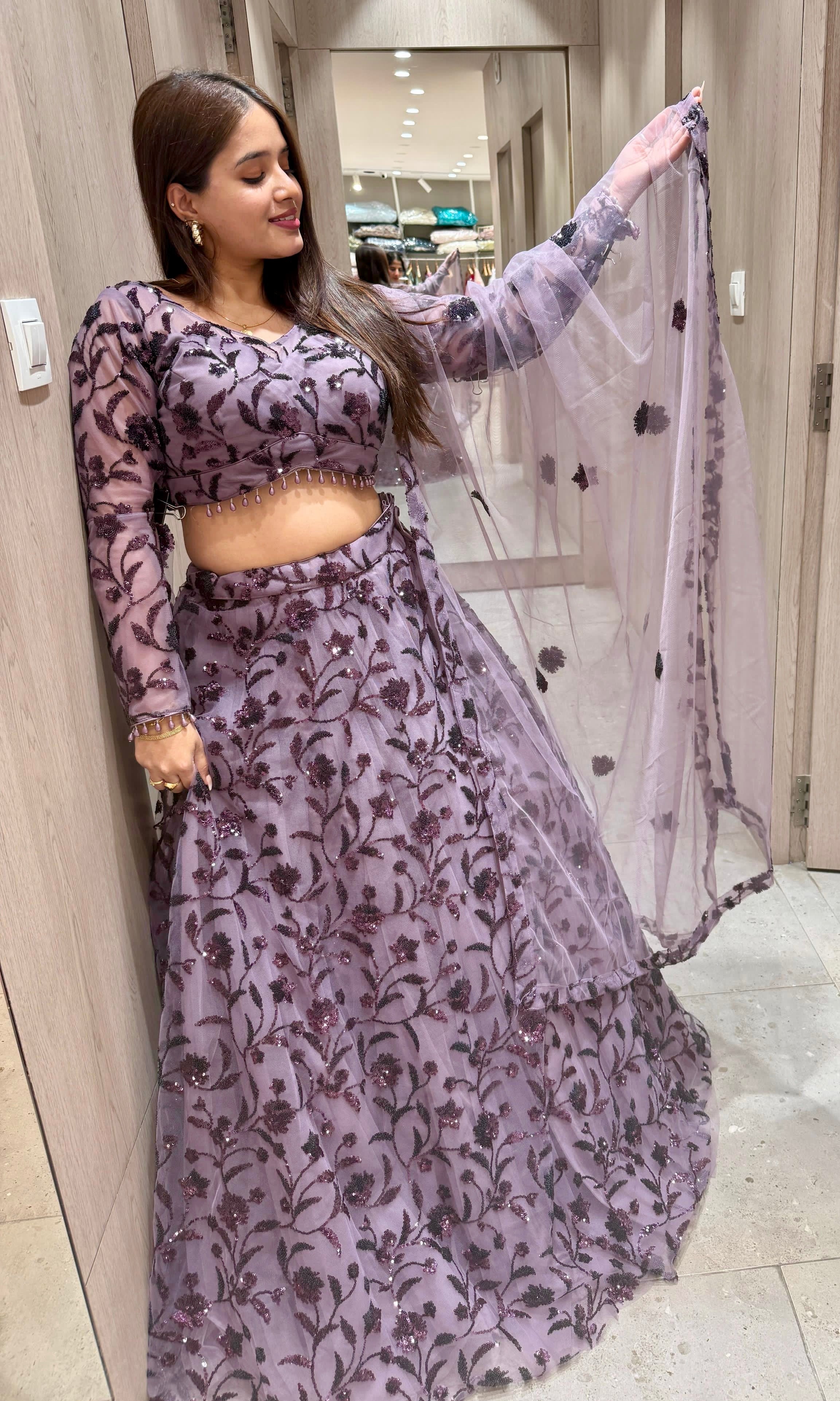 Mauve Sequin Floral Work Designer Lehenga