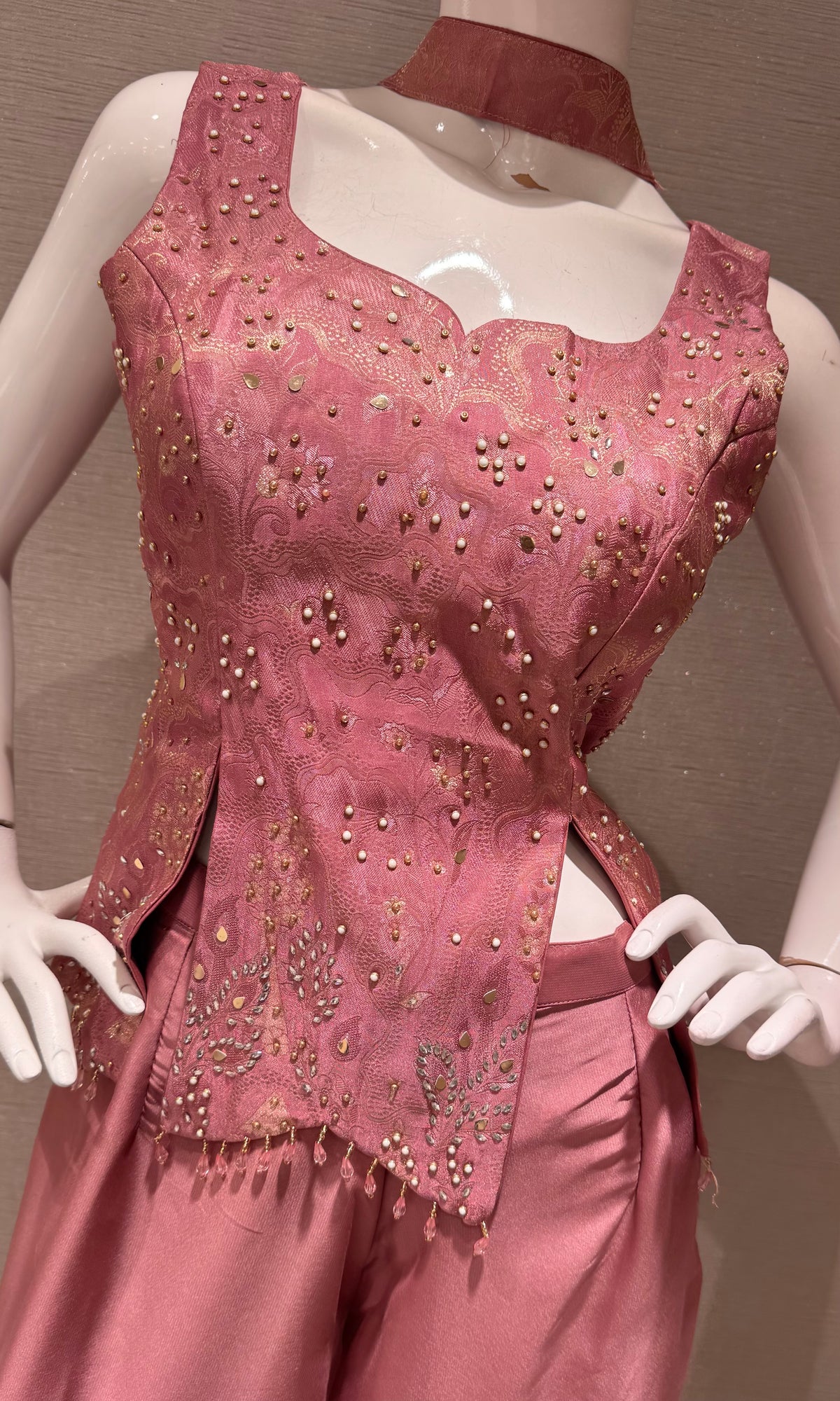 Onion Pink Satin Embellished Crop Top and Palazzo Set
