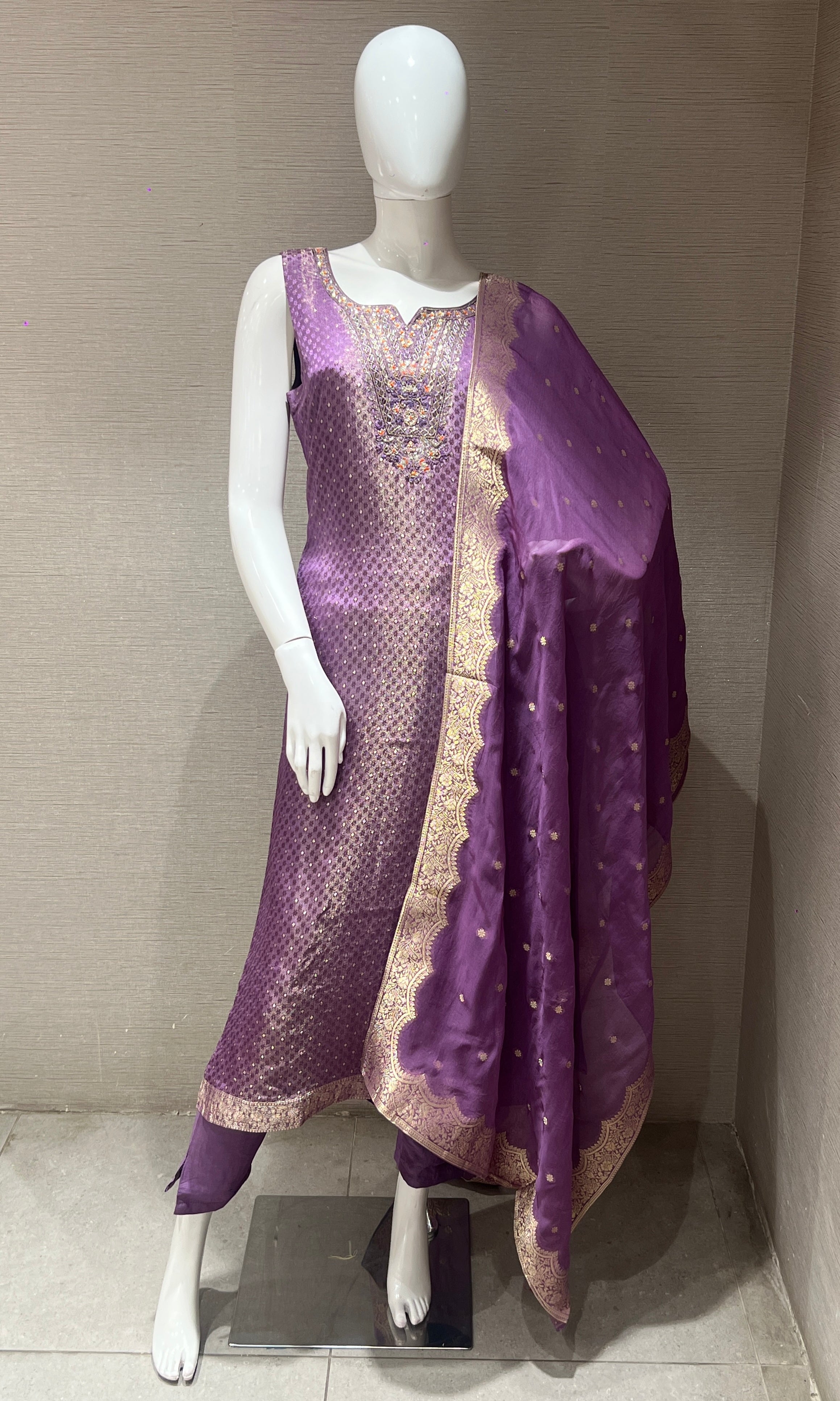 Purple banarasi Kurta Set with Gold Border