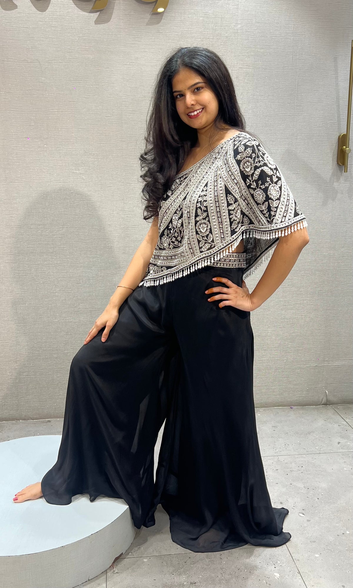 Black georgette One Shoulder Cape Top with Palazzo set