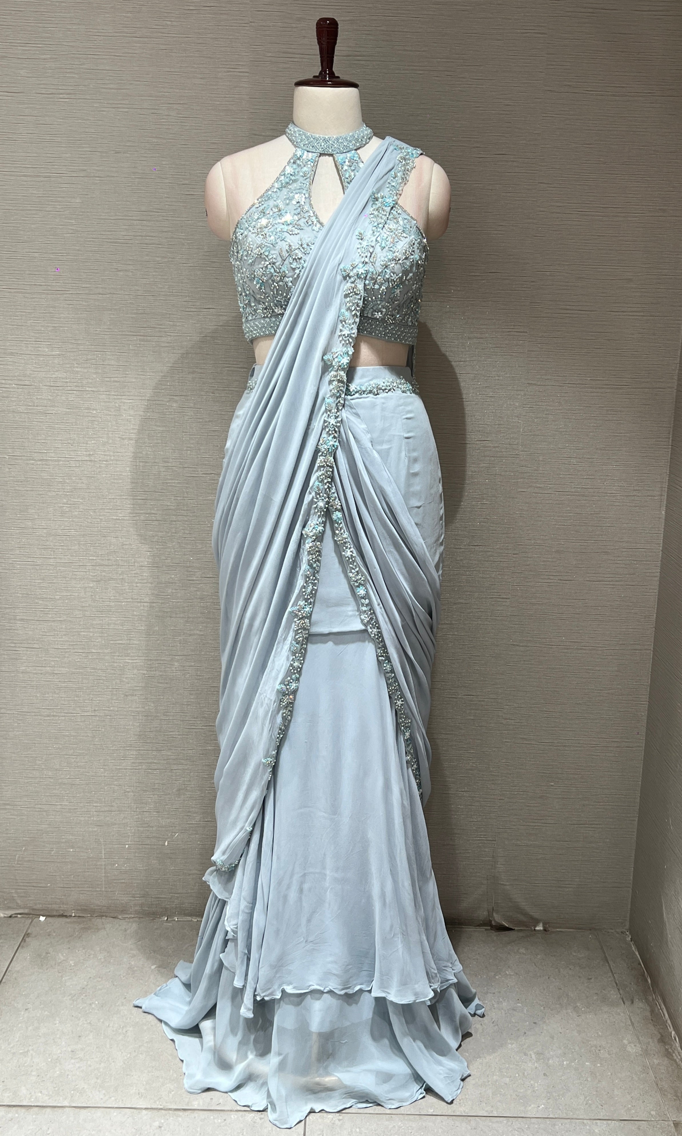 Sea Blue Draped Saree with Halter Blouse