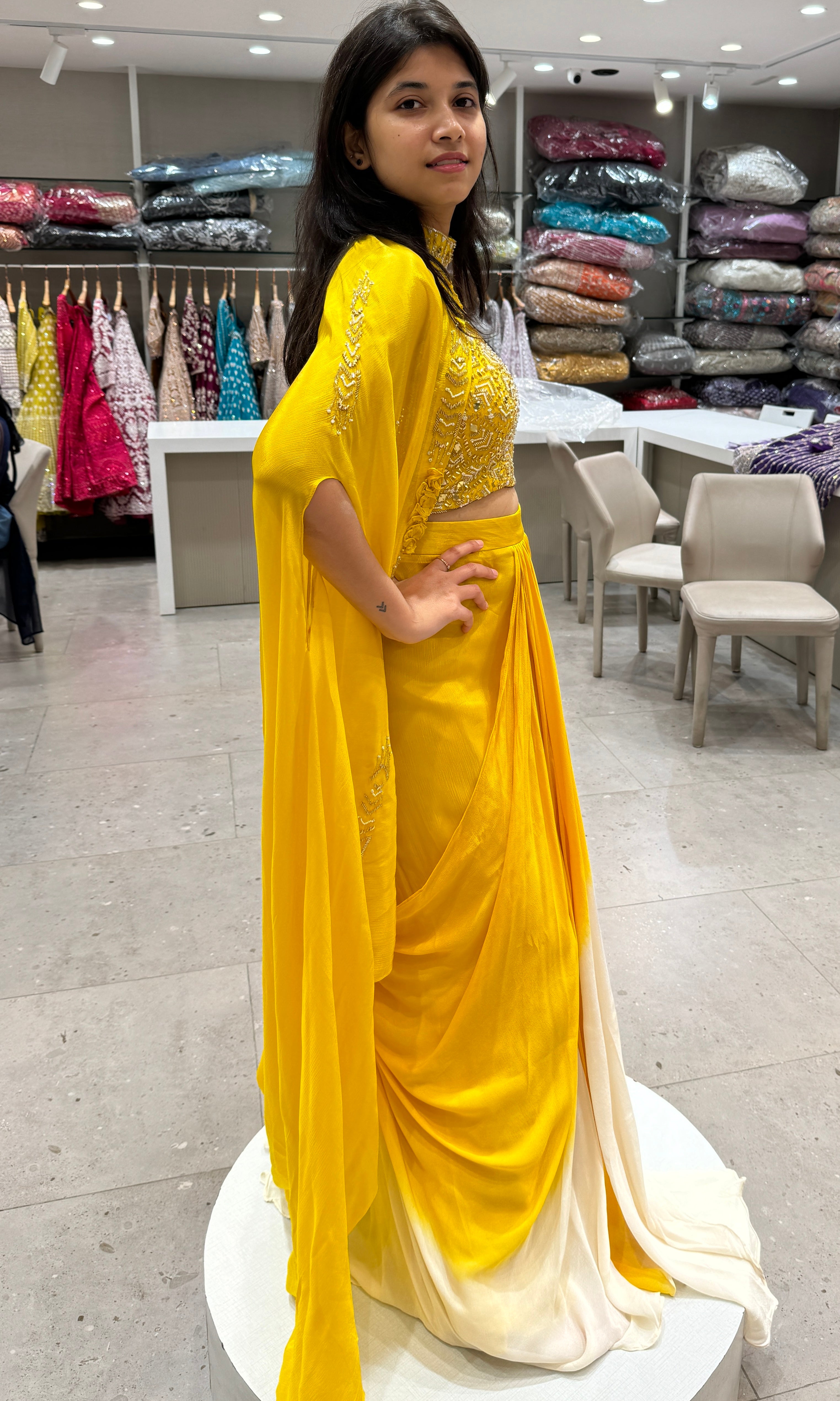 Yellow dress with cape