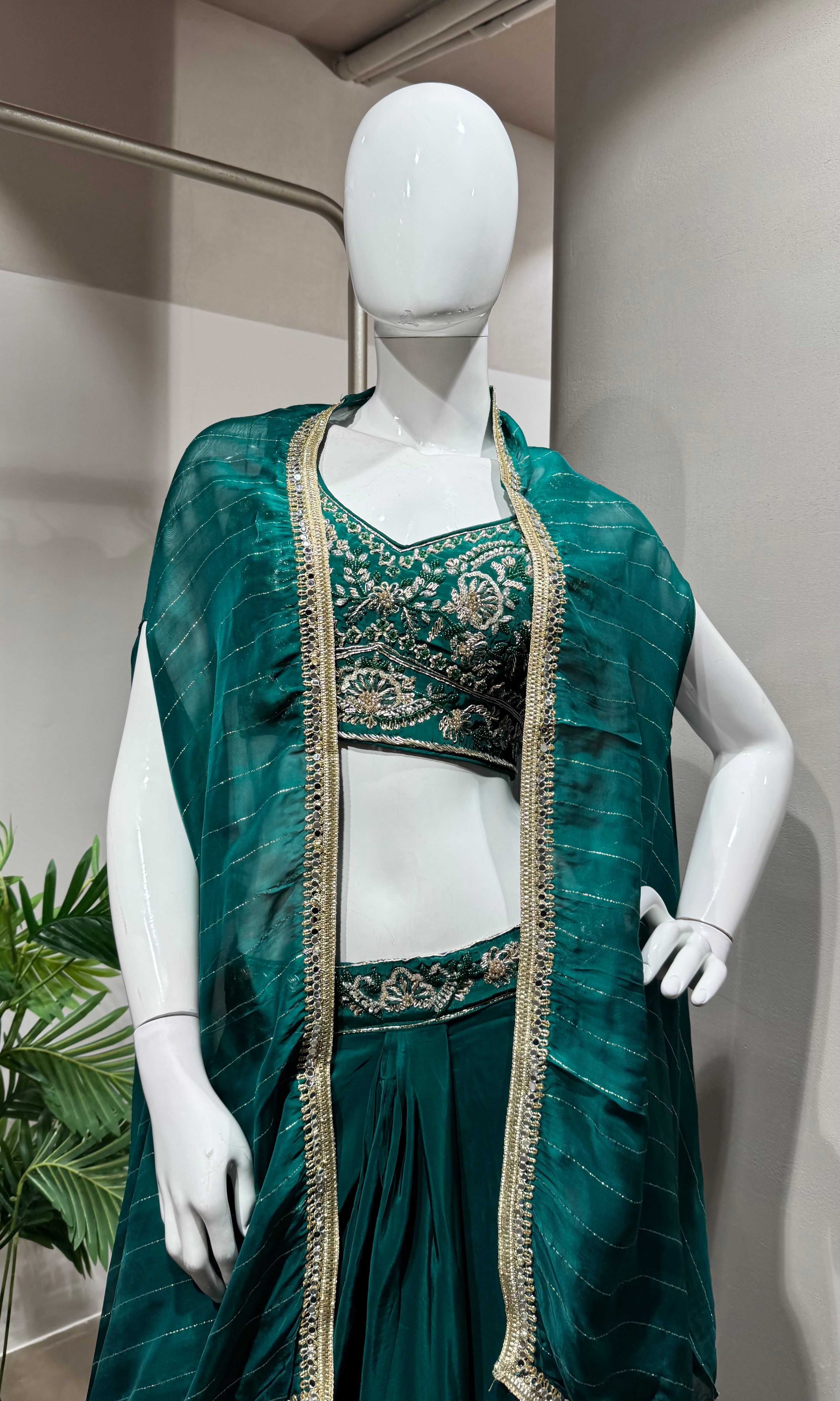 Green Embroidered Blouse Drape Skirt Set