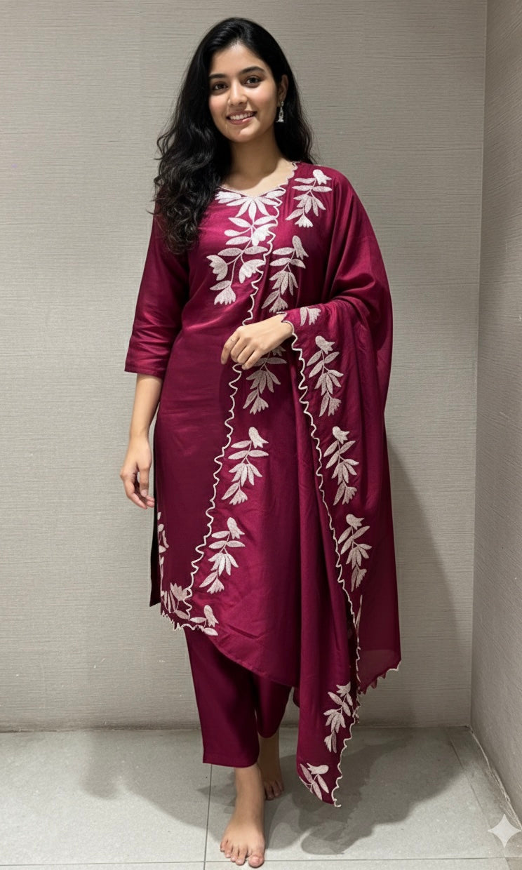 WINE FLORAL PRINTED KURTA SET