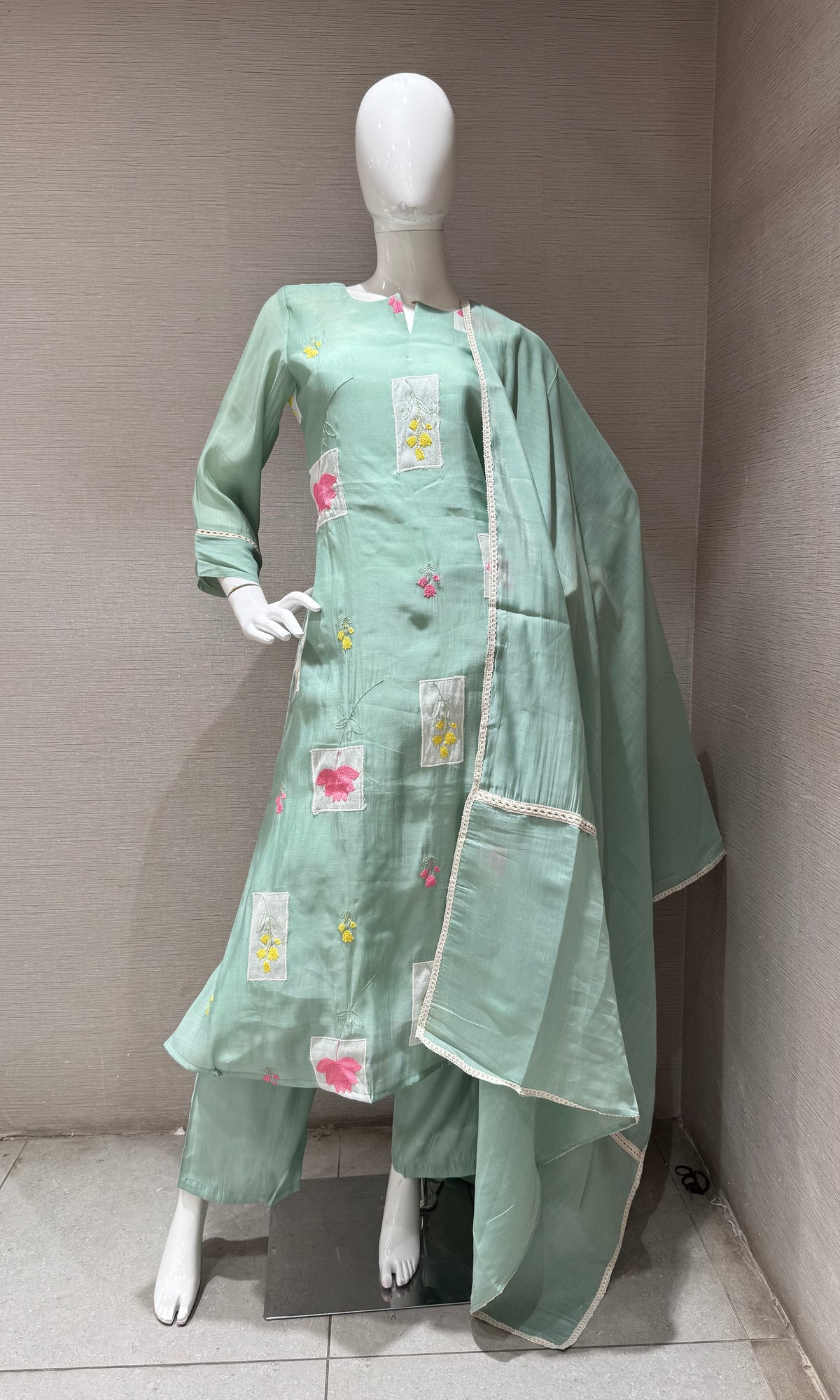Green Floral Patchwork Kurta Set with Dupatta