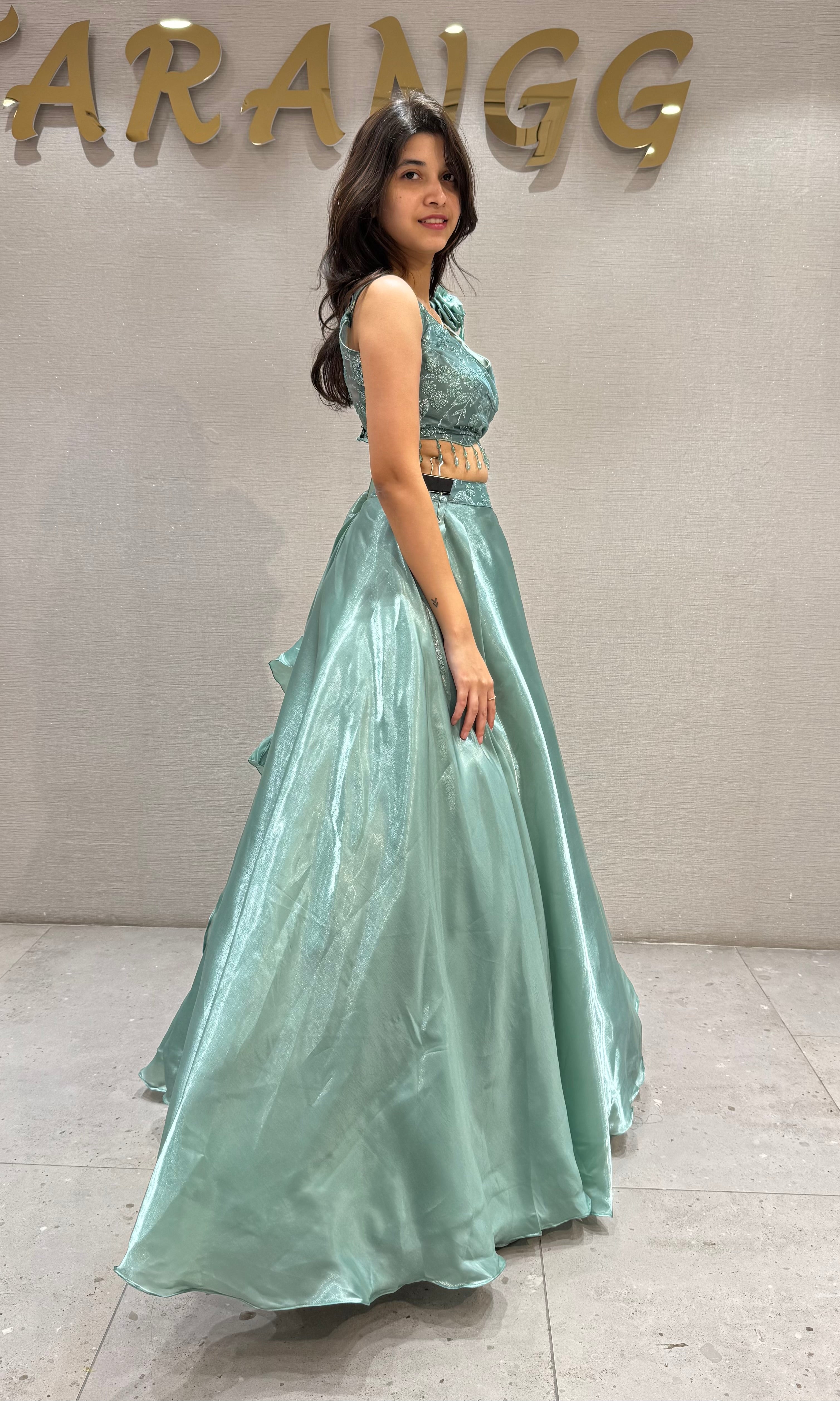 Sea Green Shimmering Organza Lehenga Set