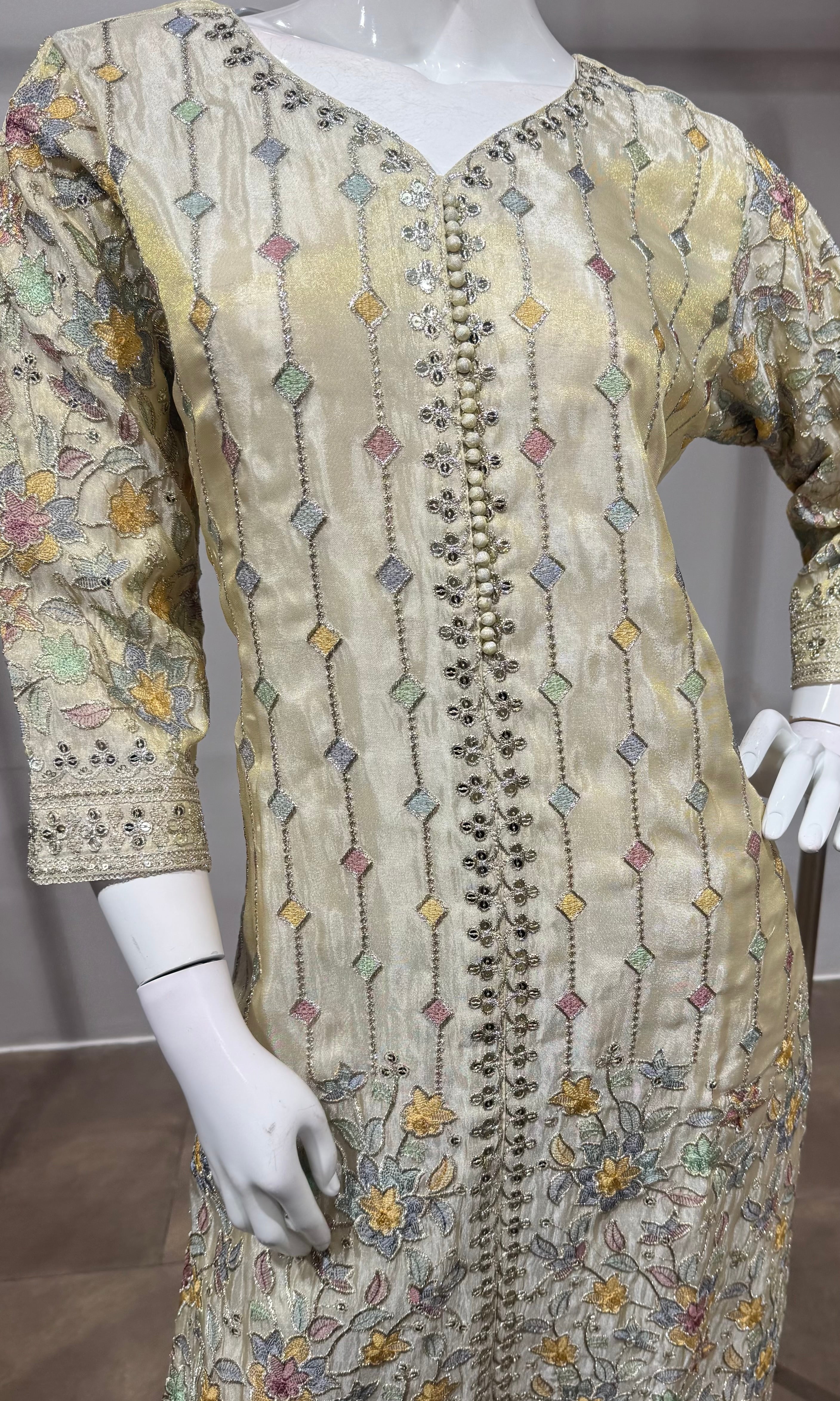 Cream Floral Embroidered Straight Kurta SET