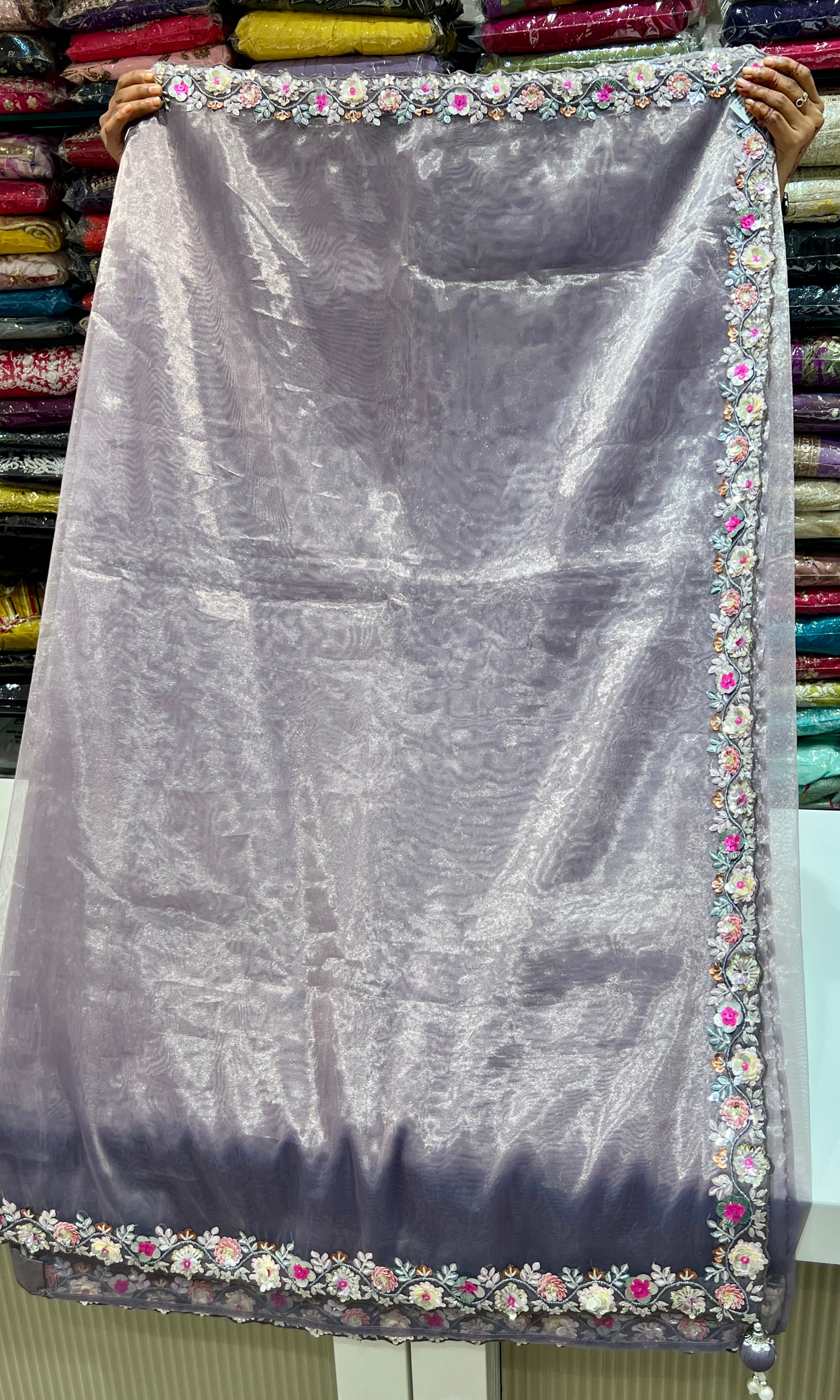 Lilac saree with embroidery ready blouse