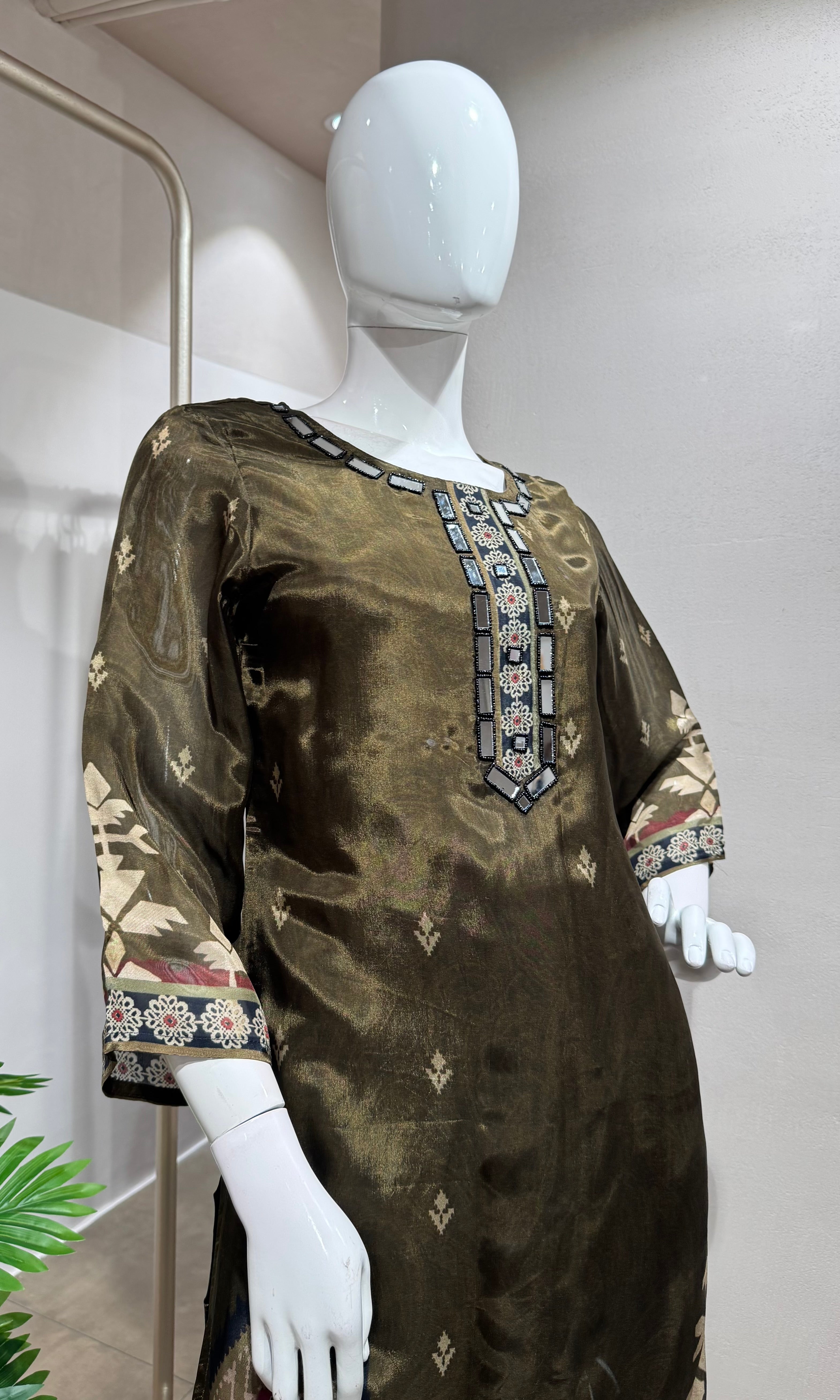 brown Embroidered Kurta Set