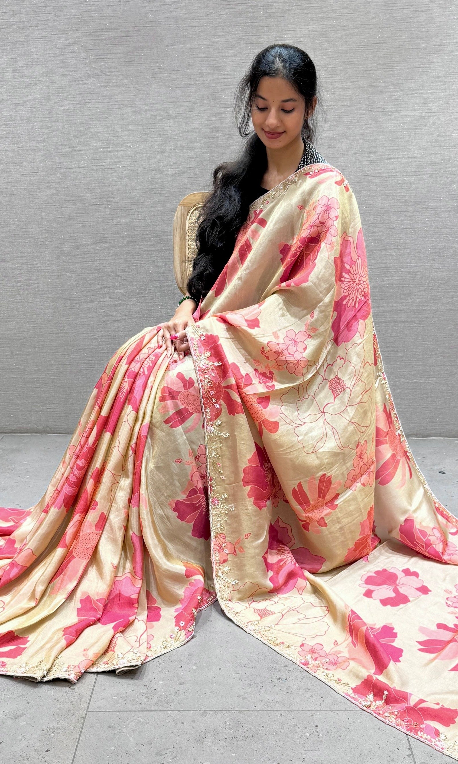 Cream gold floral print satin silk saree with ready blouse