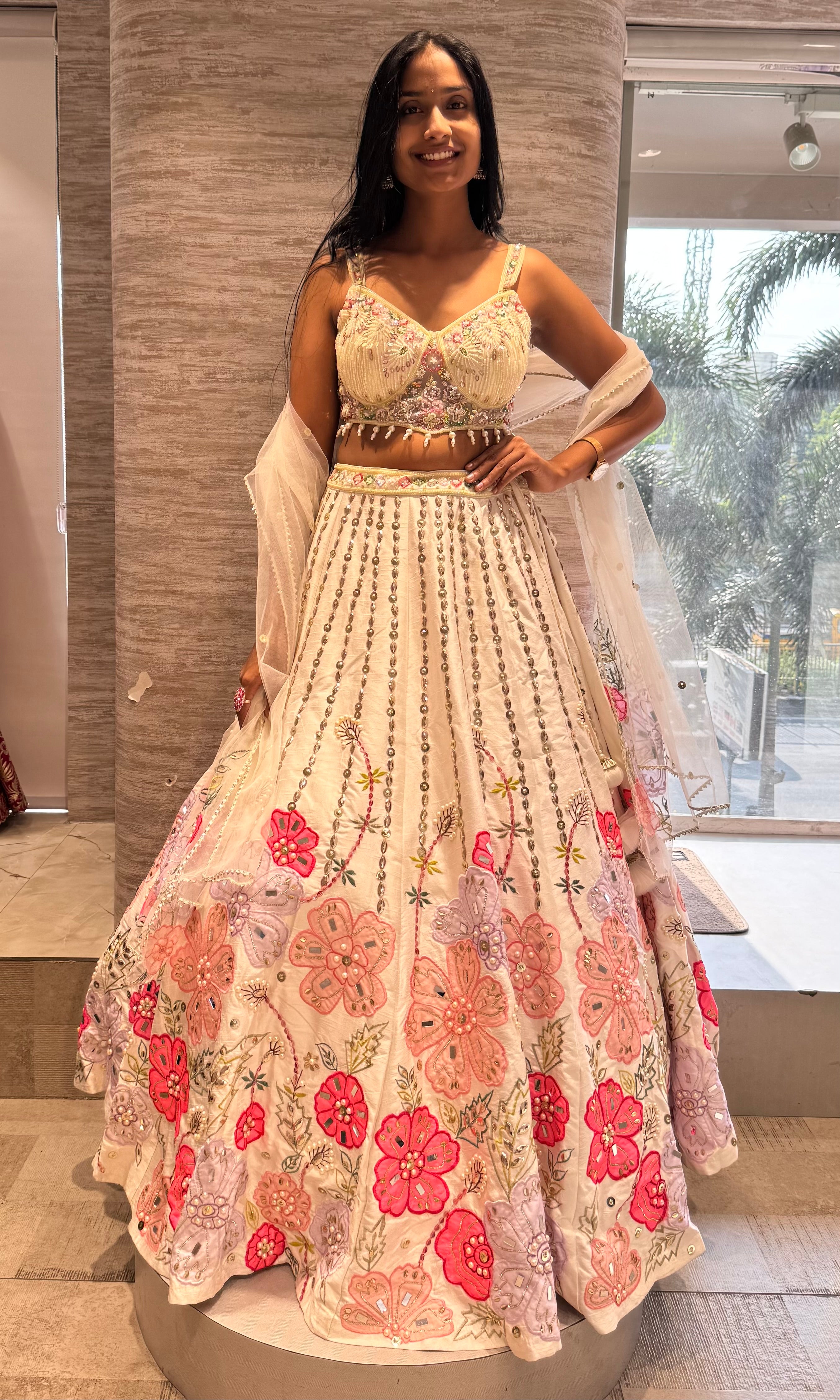 White and pink floral multicolored lehenga