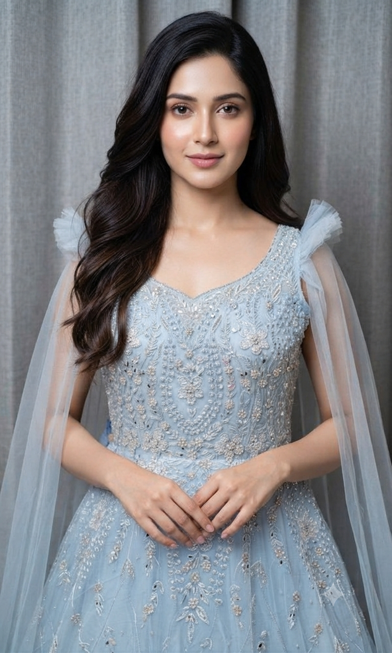 Sea Blue Tulle Ballgown with Floral Embroidery