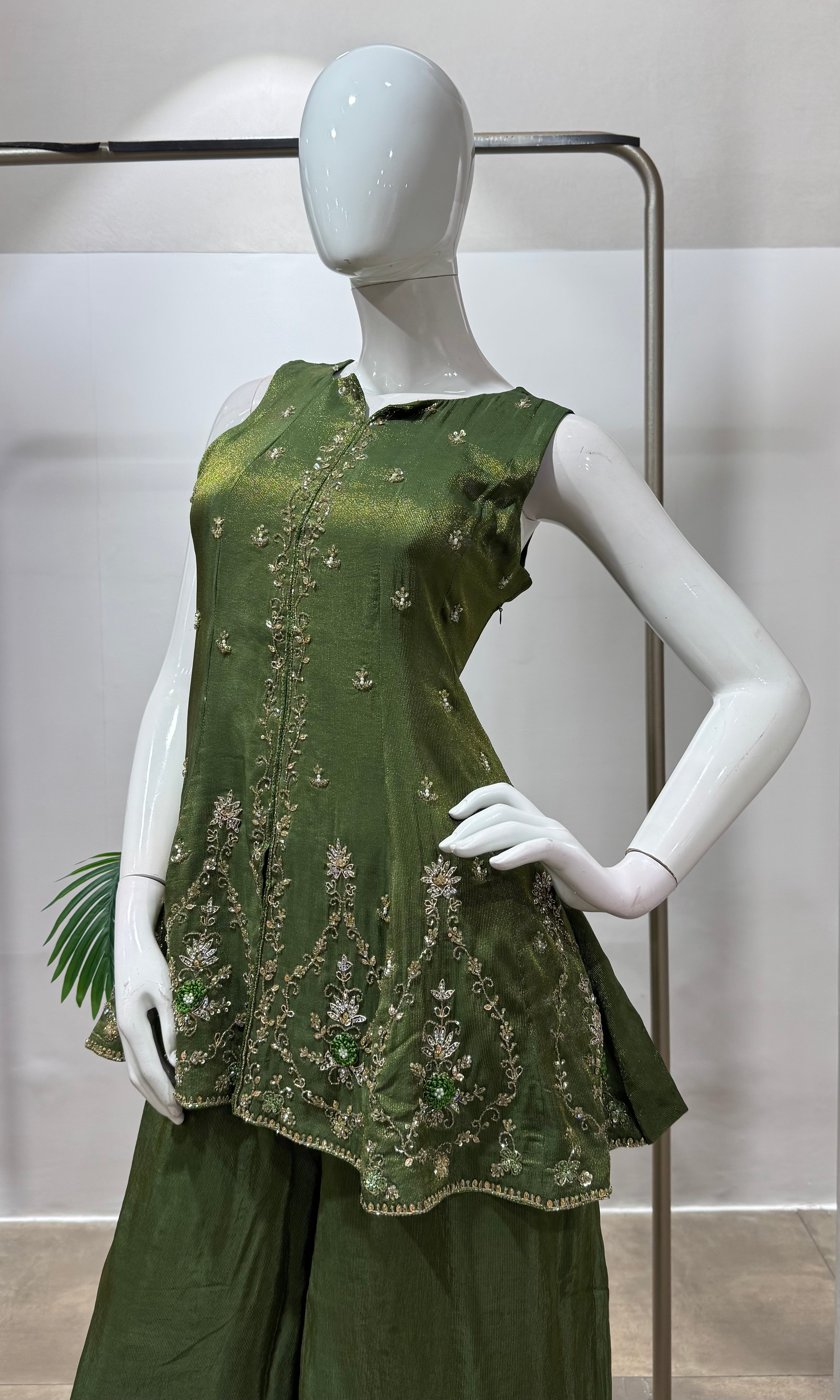 Green gold embroidered palazzo set