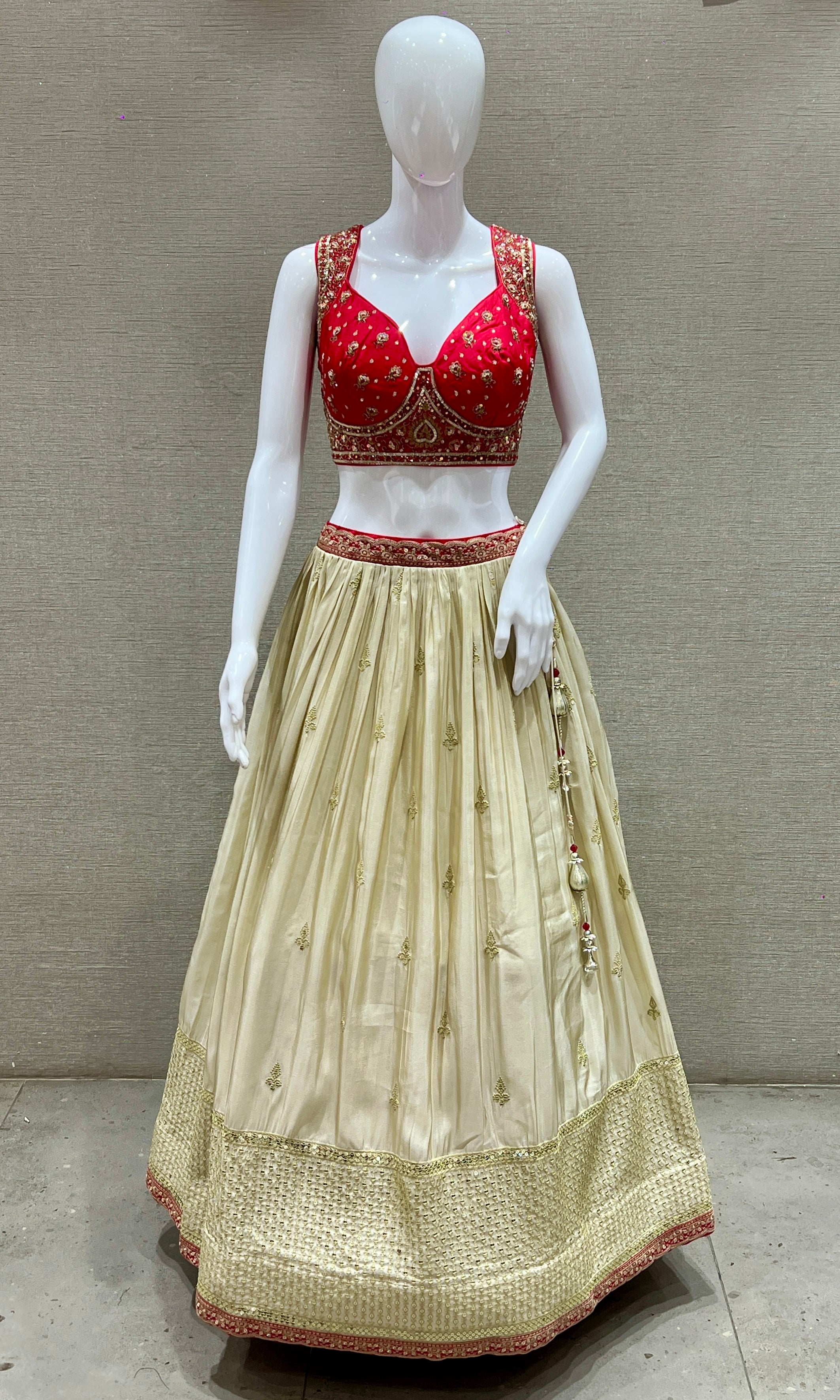 RED AND CREAM EMBROIDERED LEHENGA