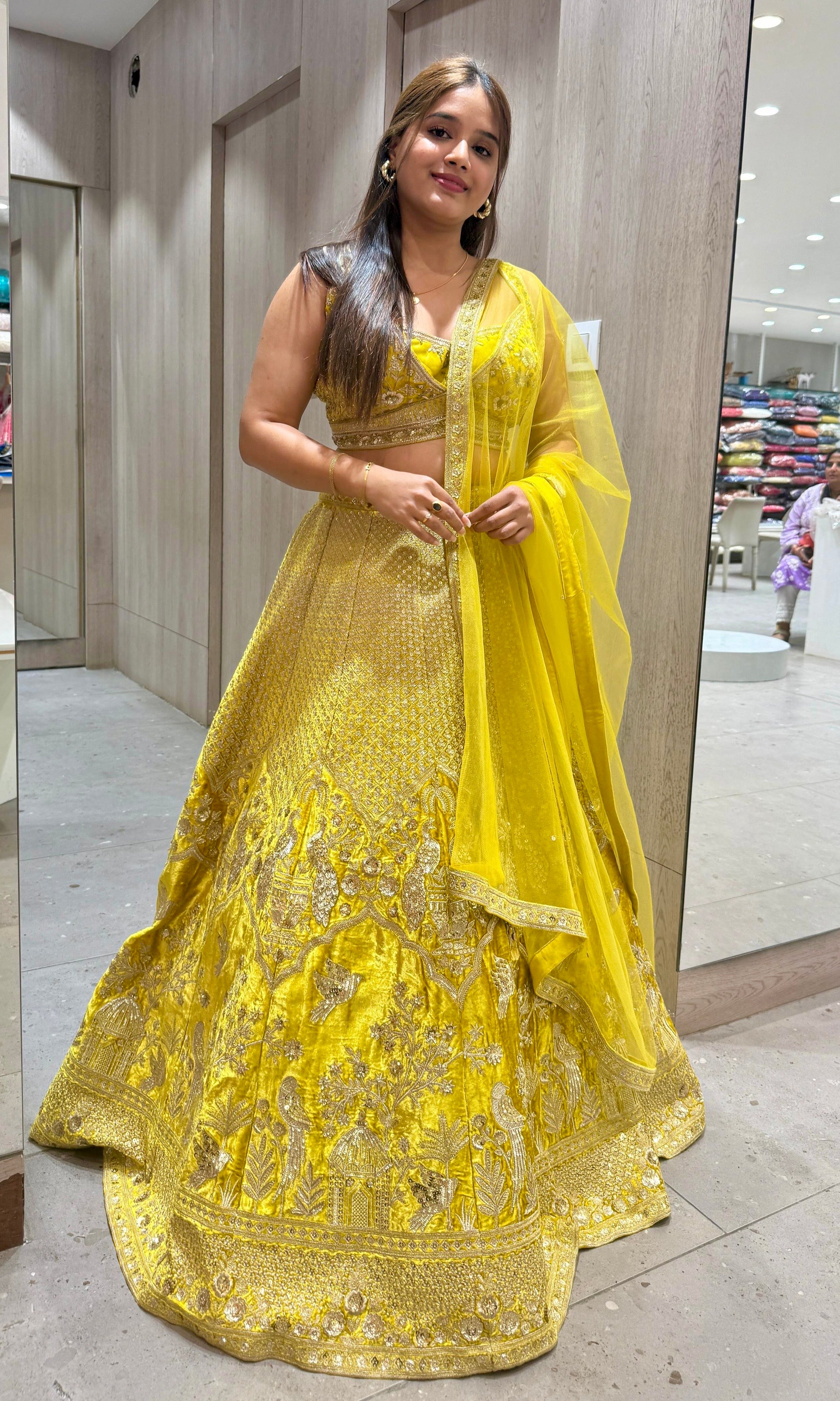 Yellow Pure Velvet Lehenga with Antique Gold Zardozi Work