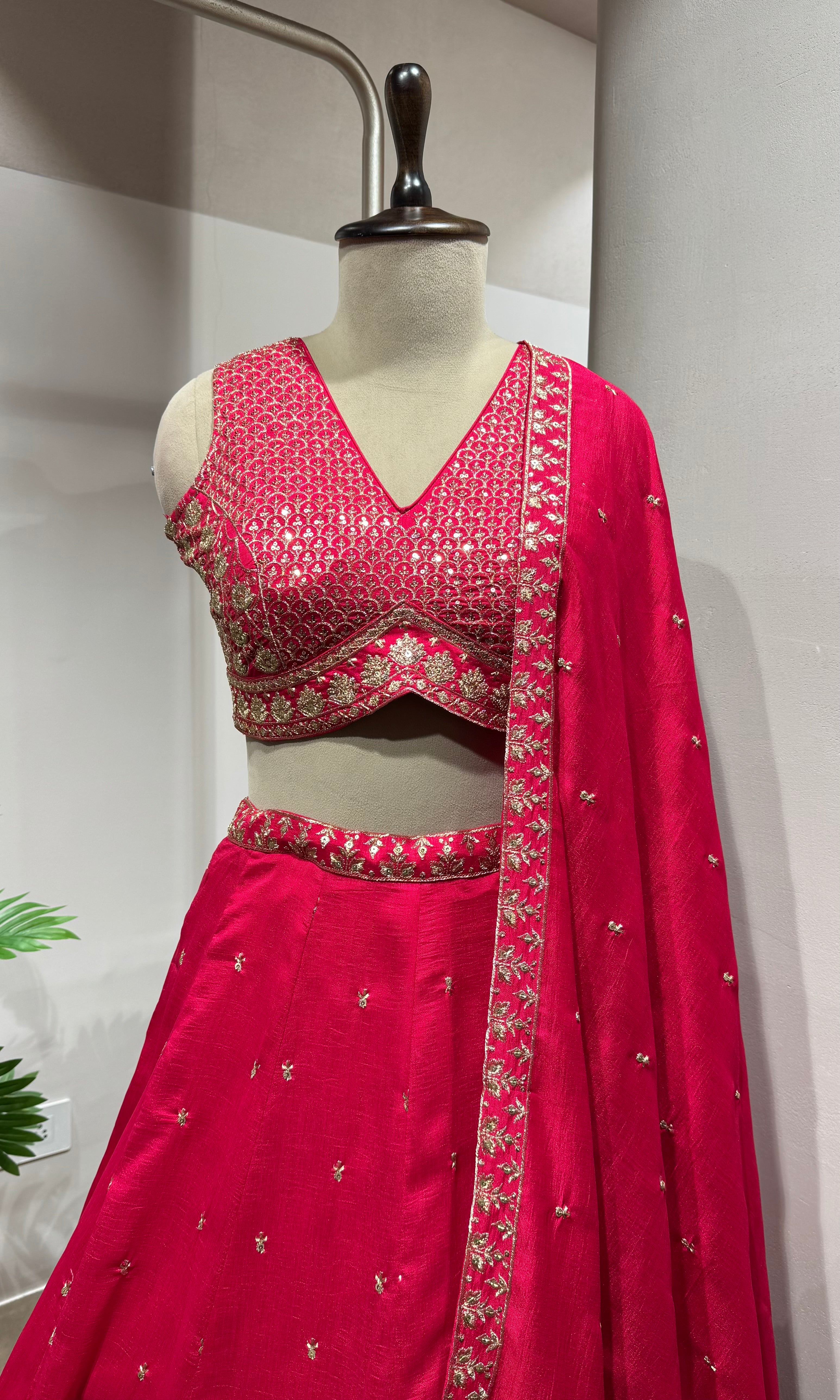 Rani Pink Raw Silk Embroidered Lehenga Set