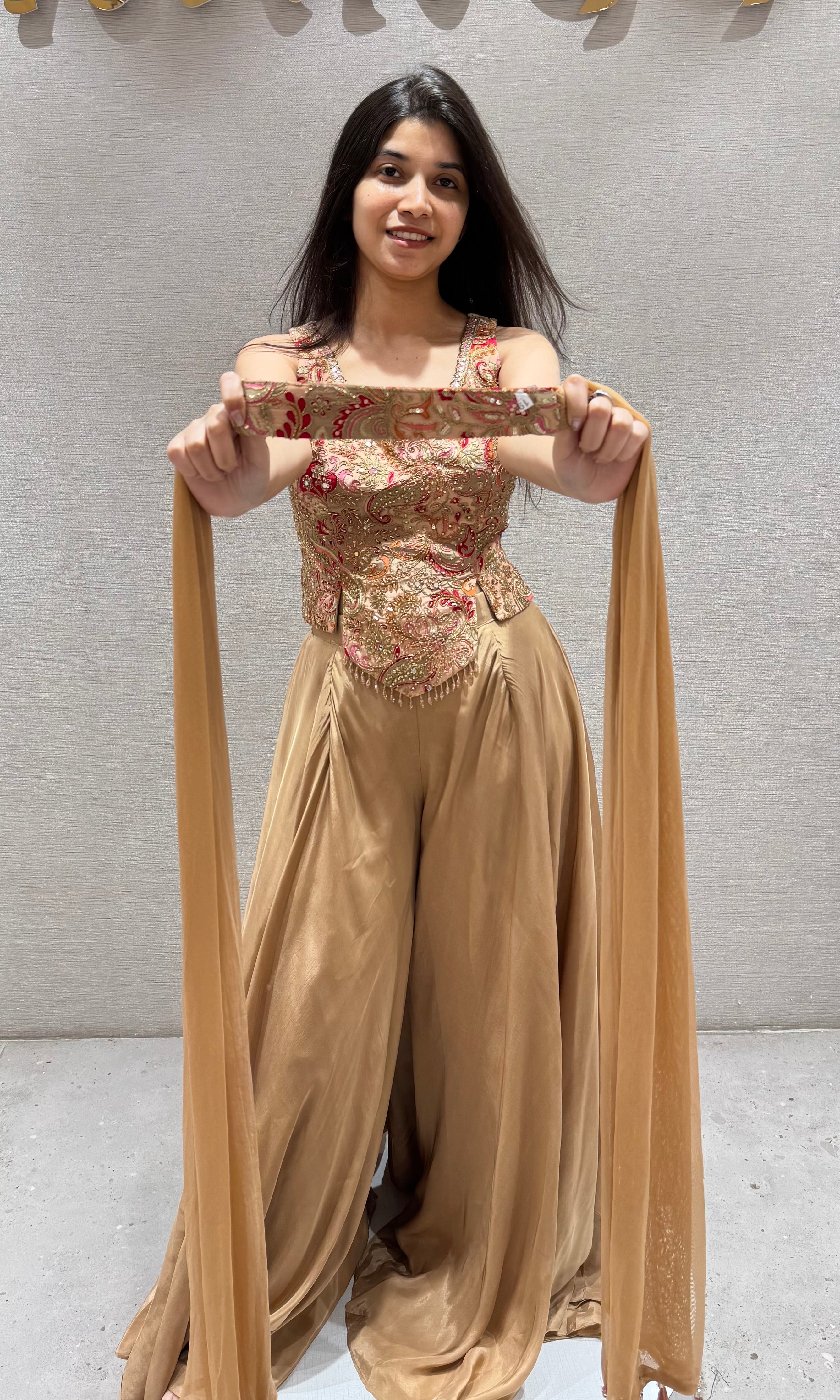 Brown EMBROIDERED PEPLUM PALAZZO SET