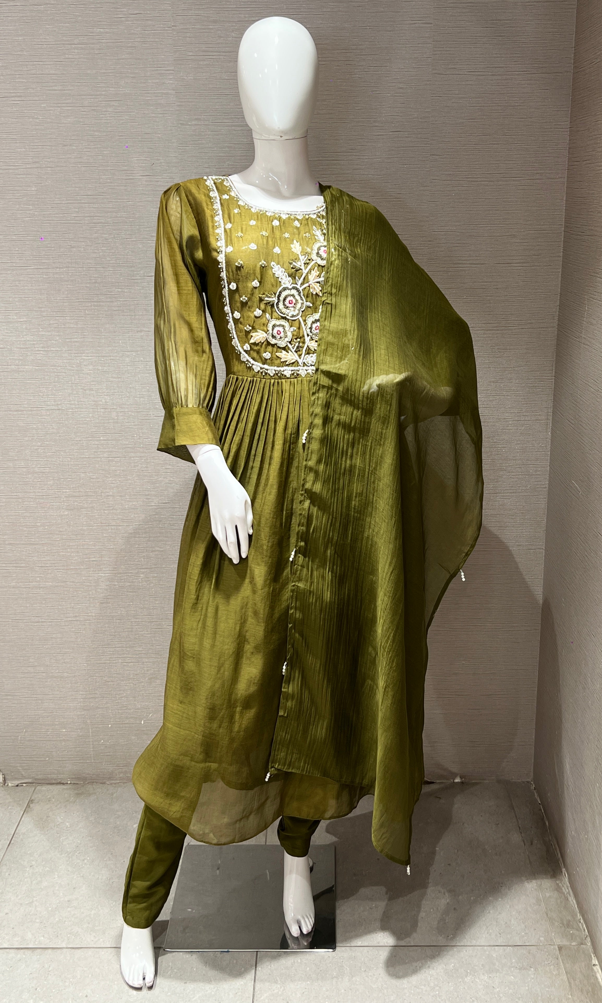 olive green Mul Chanderi kurta set