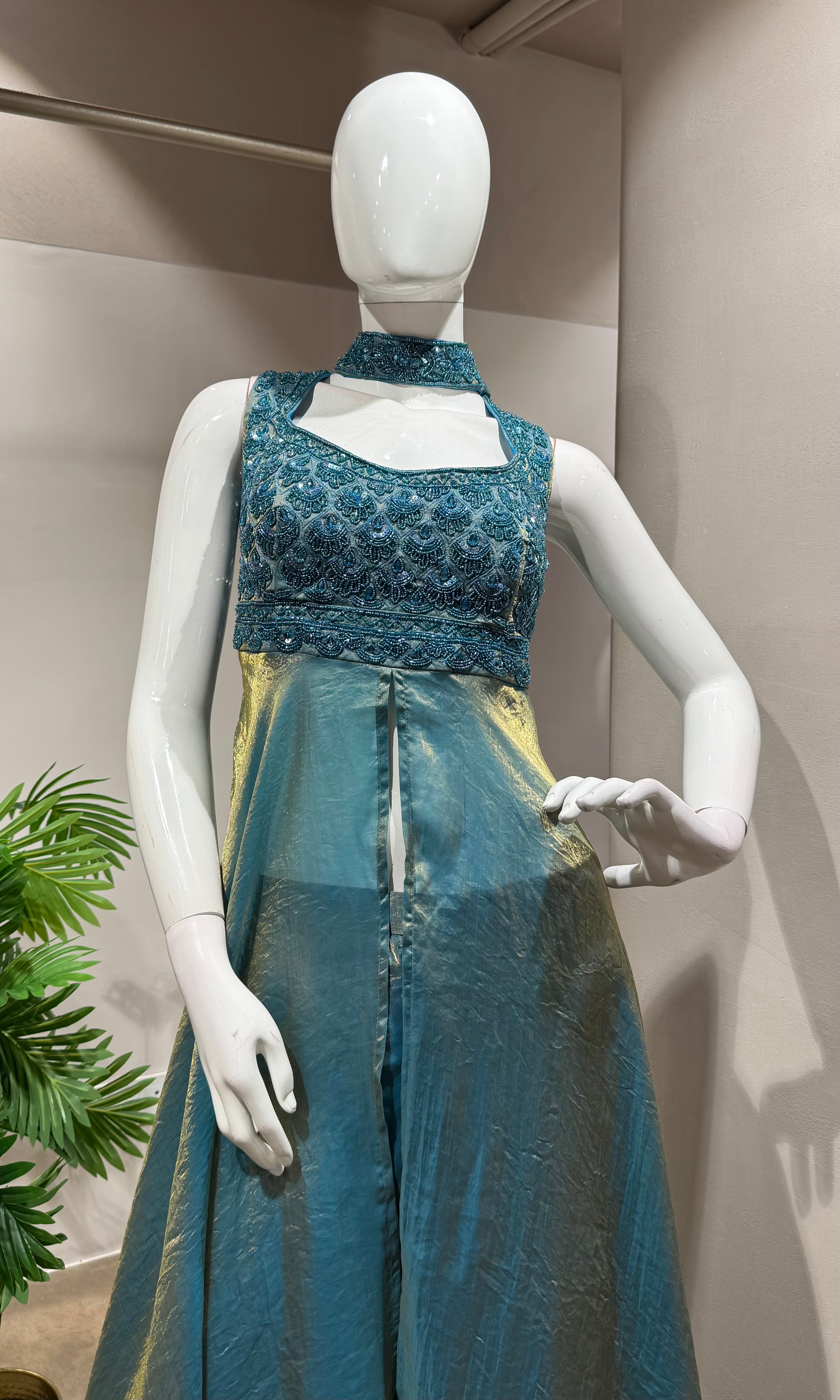 BLUE FRONT SLIT ANARKALI SET WITH PALAZZO PANTS