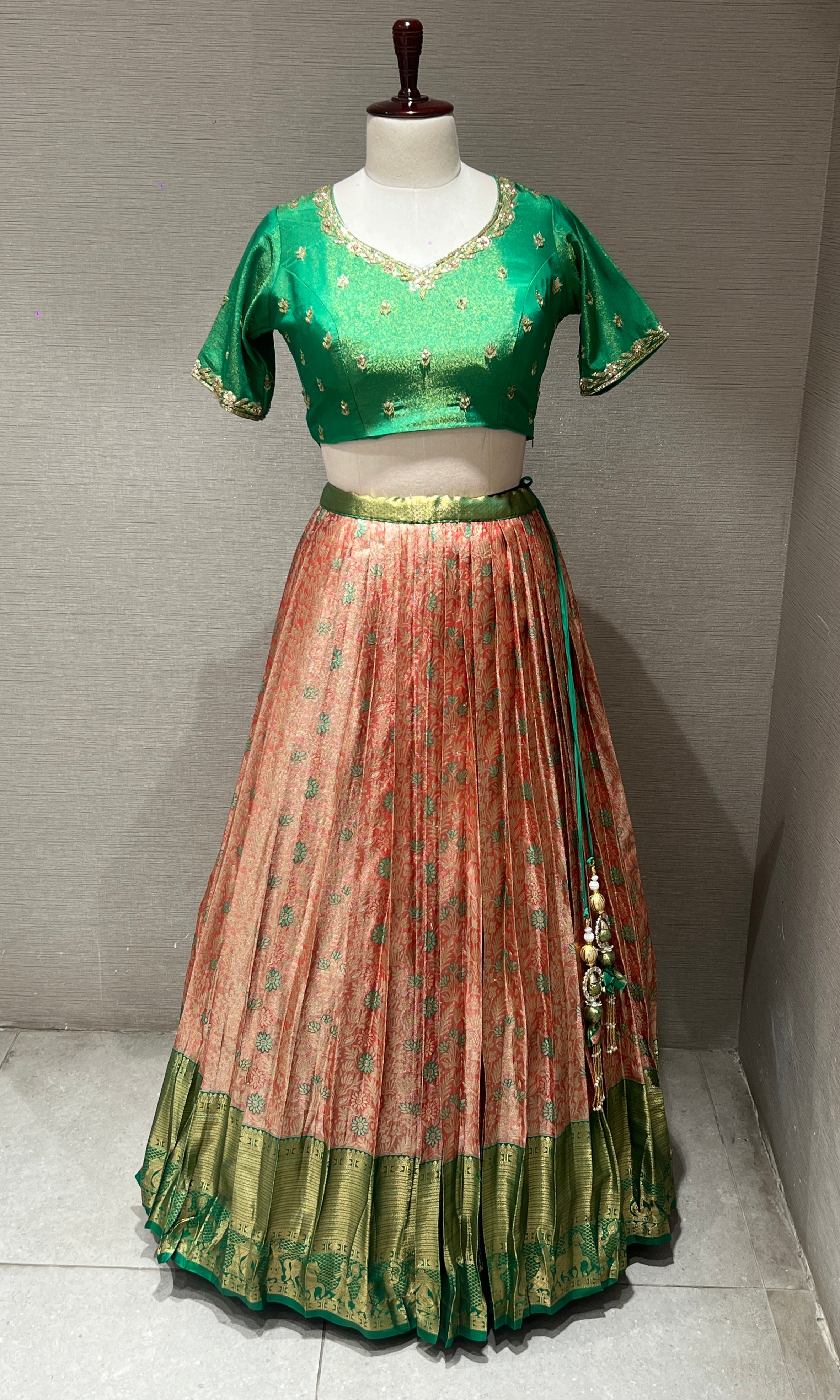 Green orange silk pattu Lehenga
